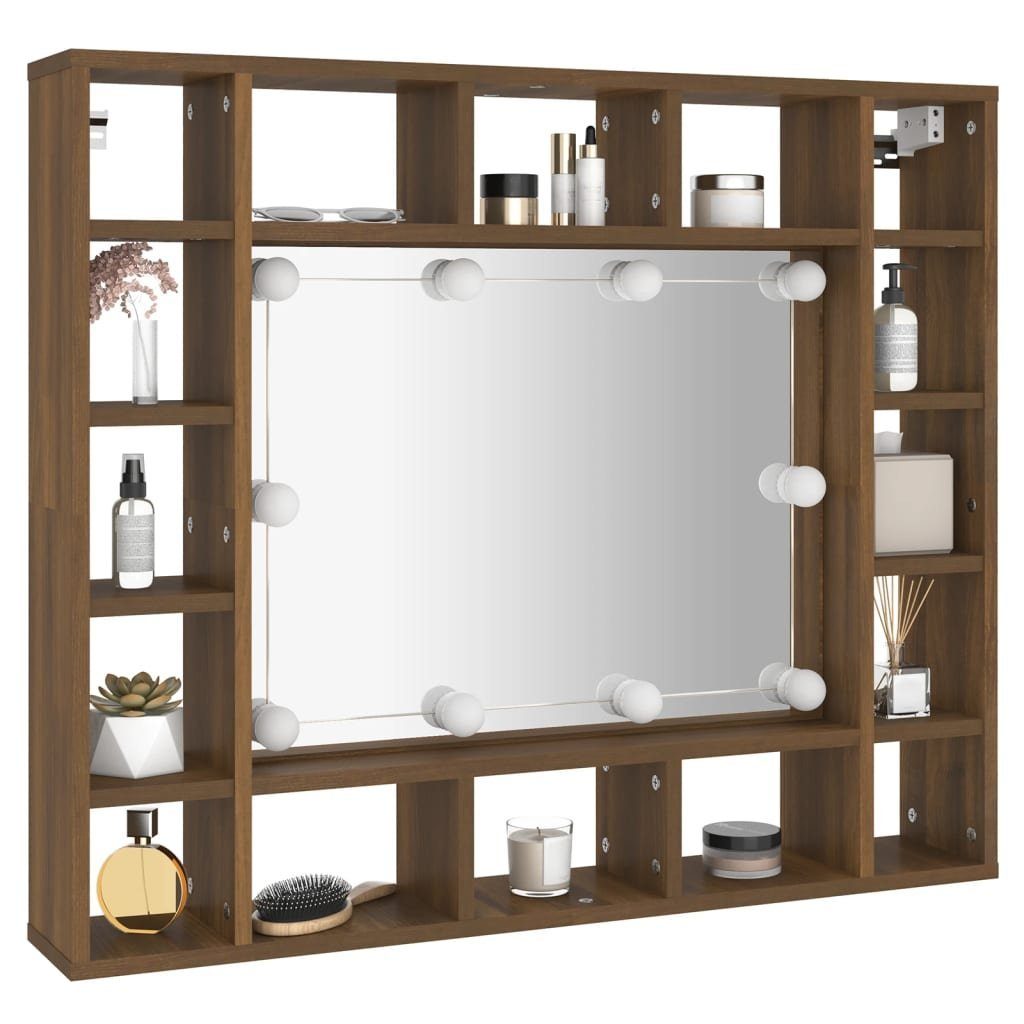 vidaXL Badezimmerspiegelschrank Spiegelschrank mit Eiche-Optik Braun 91x15x76,5 cm Braune Eiche (1-St) LED