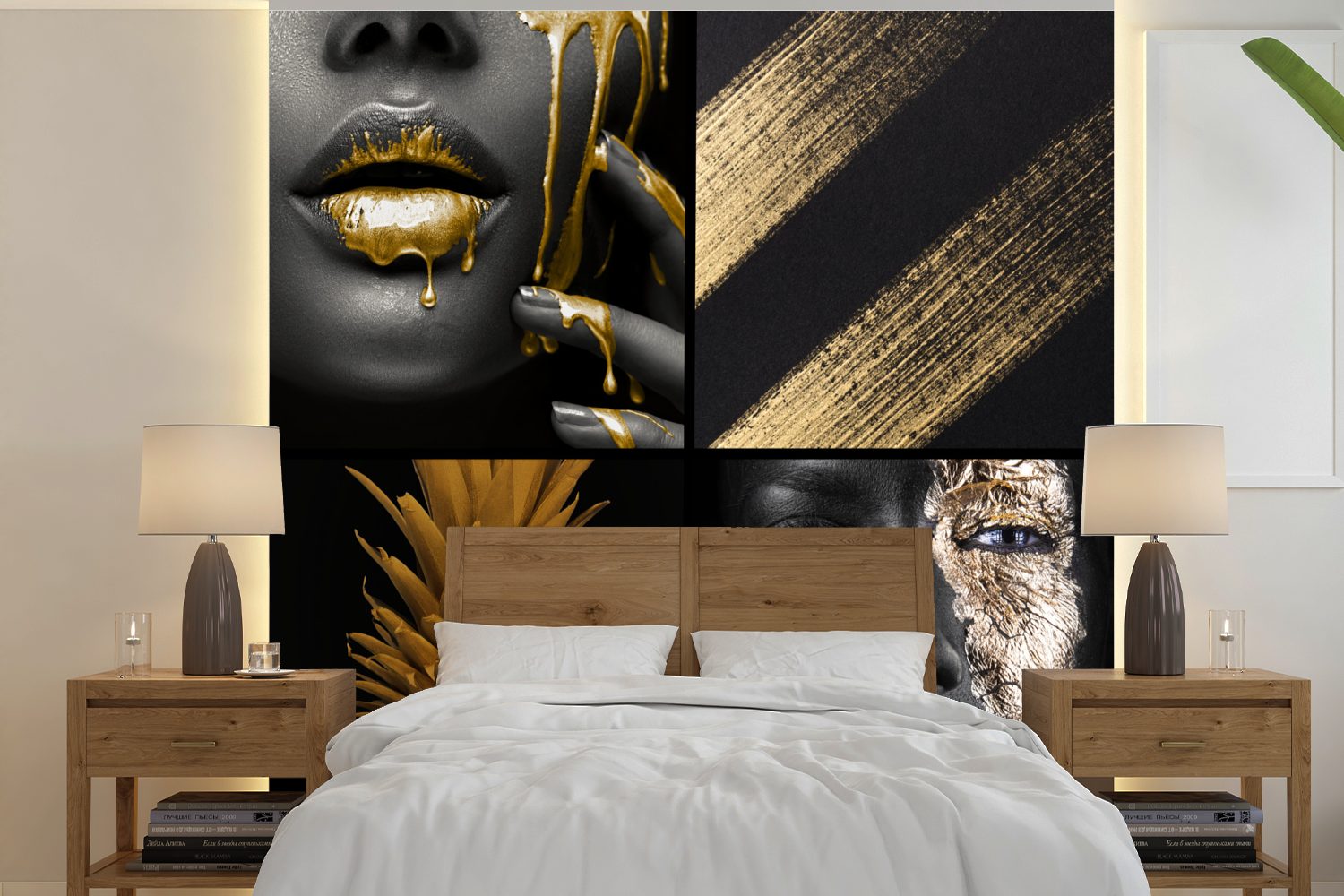 MuchoWow Fototapete Collage - Farbe - Gold - Frauen, Matt, bedruckt, (5 St), Vinyl Tapete für Wohnzimmer oder Schlafzimmer, Wandtapete
