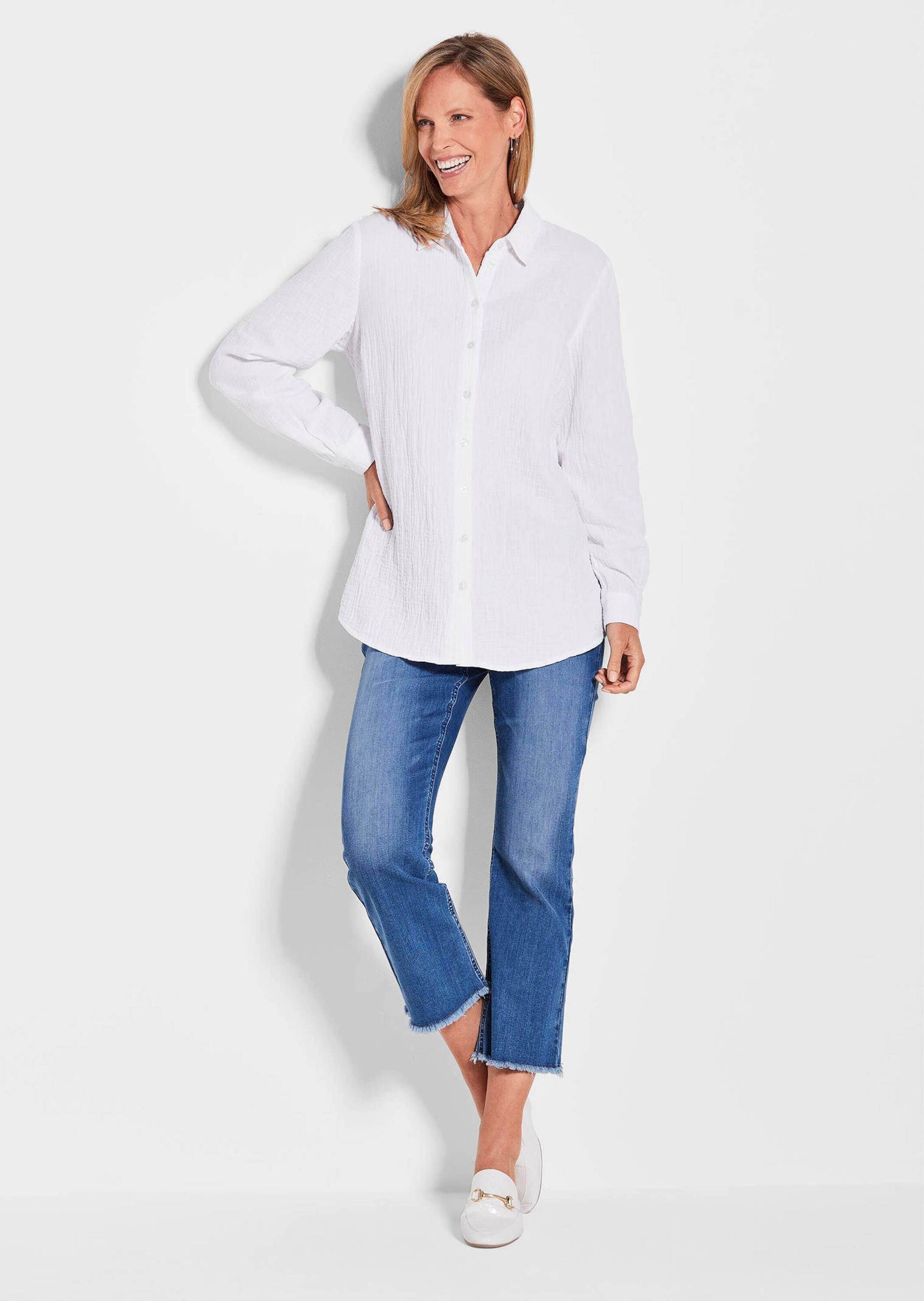 GOLDNER Hemdbluse Verlängerte Langarm Musselin-Bluse Luftiges Musselin-Hemd günstig online kaufen