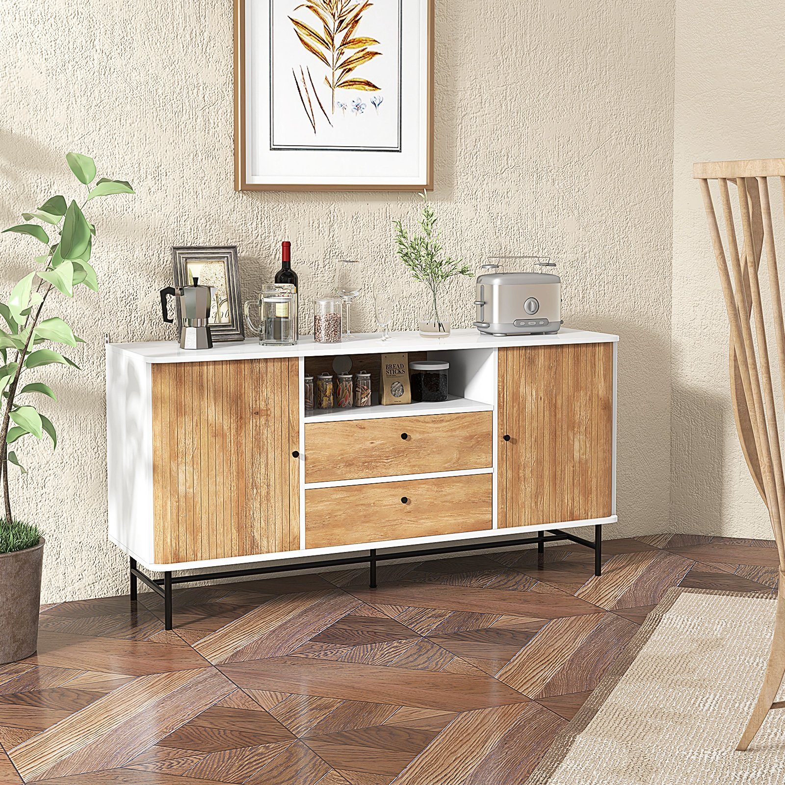 COSTWAY Sideboard, Holz, TV Schrank mit Schiebetüren & Schubladen 150x45x74 günstig online kaufen