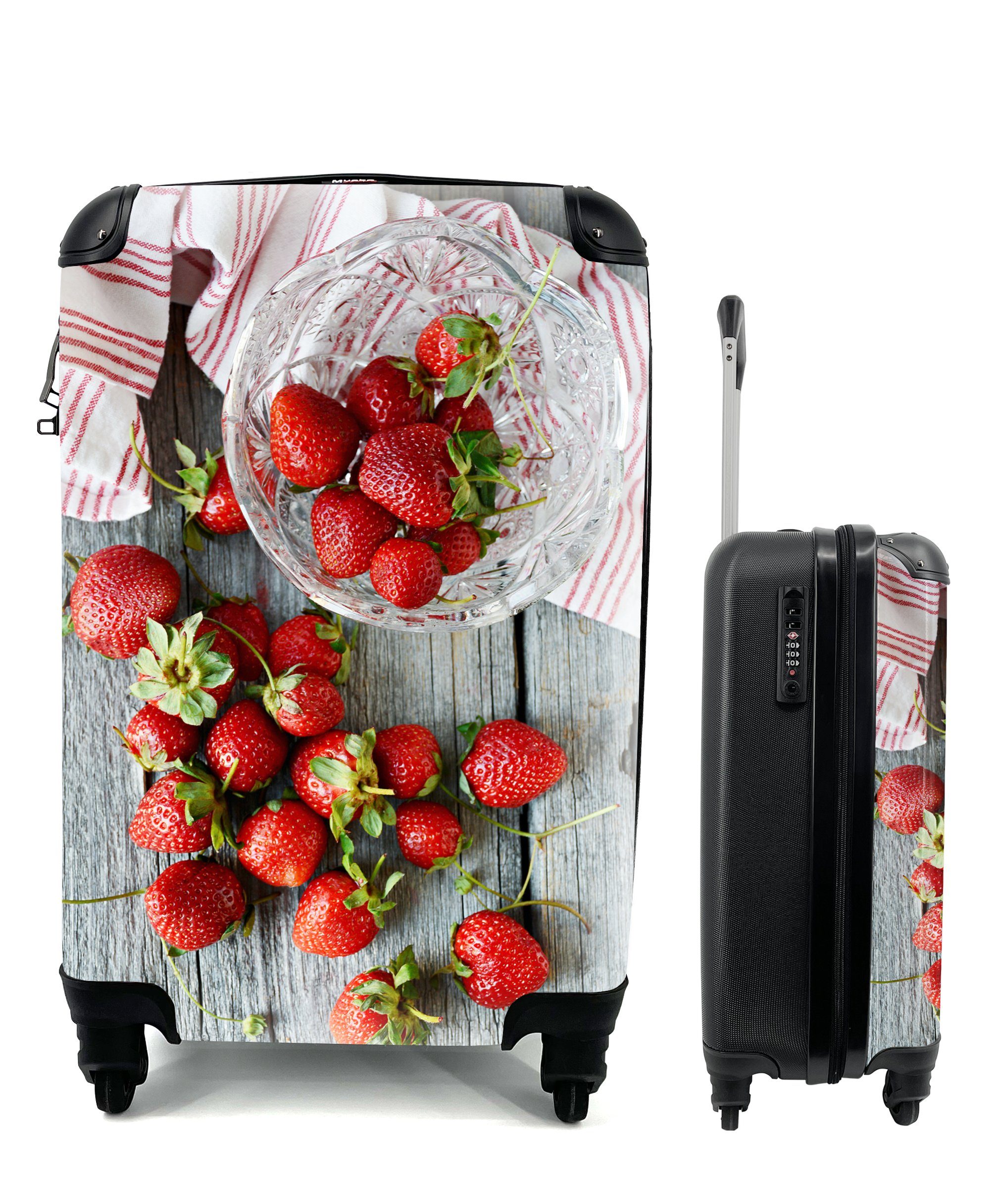 Reisetasche Trolley, Reisekoffer Ferien, mit Handgepäckkoffer Handgepäck - Rollen, MuchoWow 4 Erdbeere rollen, Tisch, Glas - für