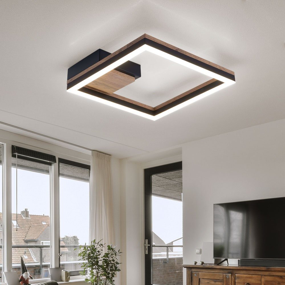 Holz verbaut, schwarz Warmweiß, Designlampe LED-Leuchtmittel Globo Wohnzimmerleuchte fest LED LED eckig Deckenleuchte, Deckenleuchte