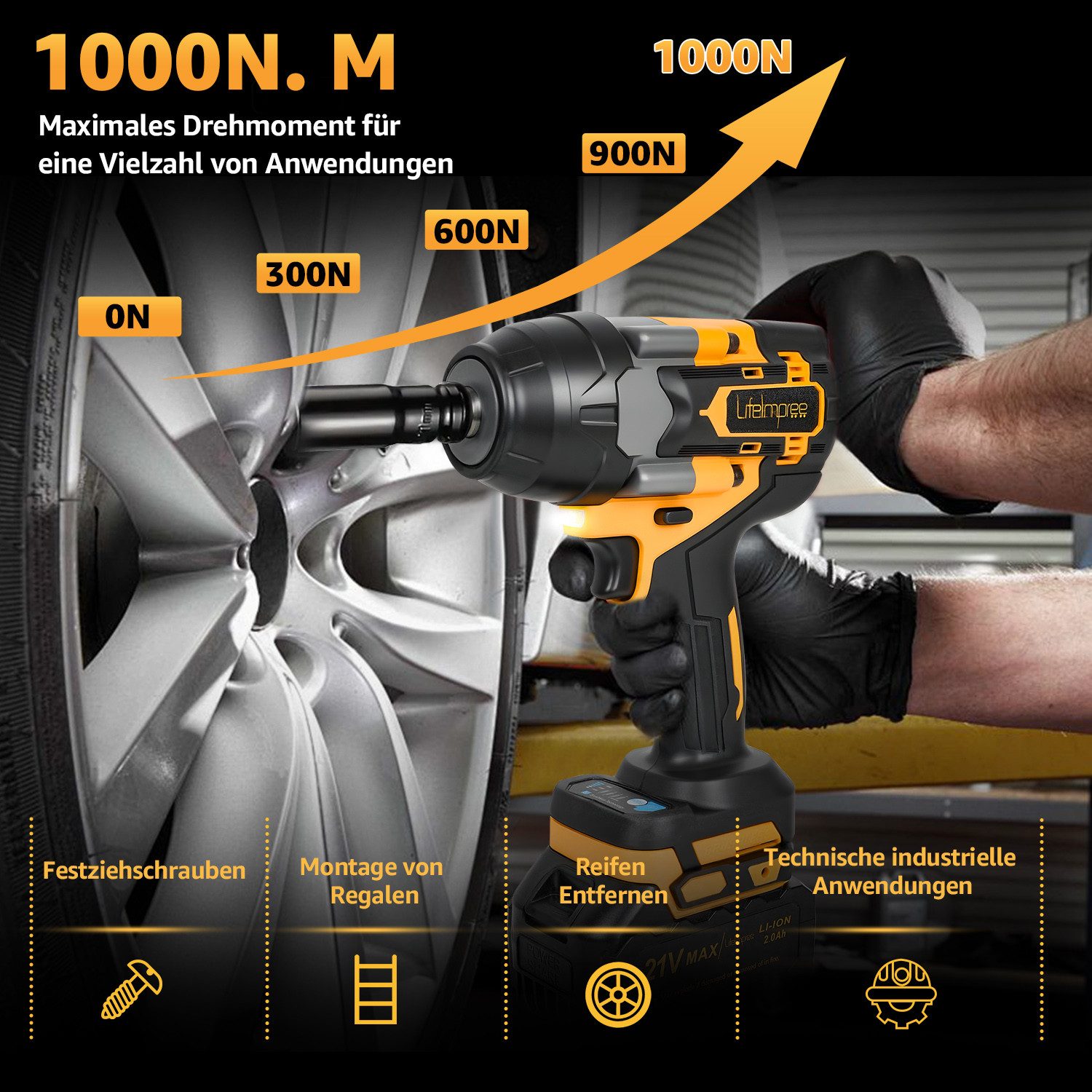 LifeImpree Akku-Schlagschrauber Schlagschrauber 1000Nm(740Ft-lbs), Bürstenlos, 3-Gang & AutoStop-Modus, 2400 U/min, 1000 Nm, Mit 2 × 2,0 Ah Akku, 5 Steckschlüss – Bild 4 von 5