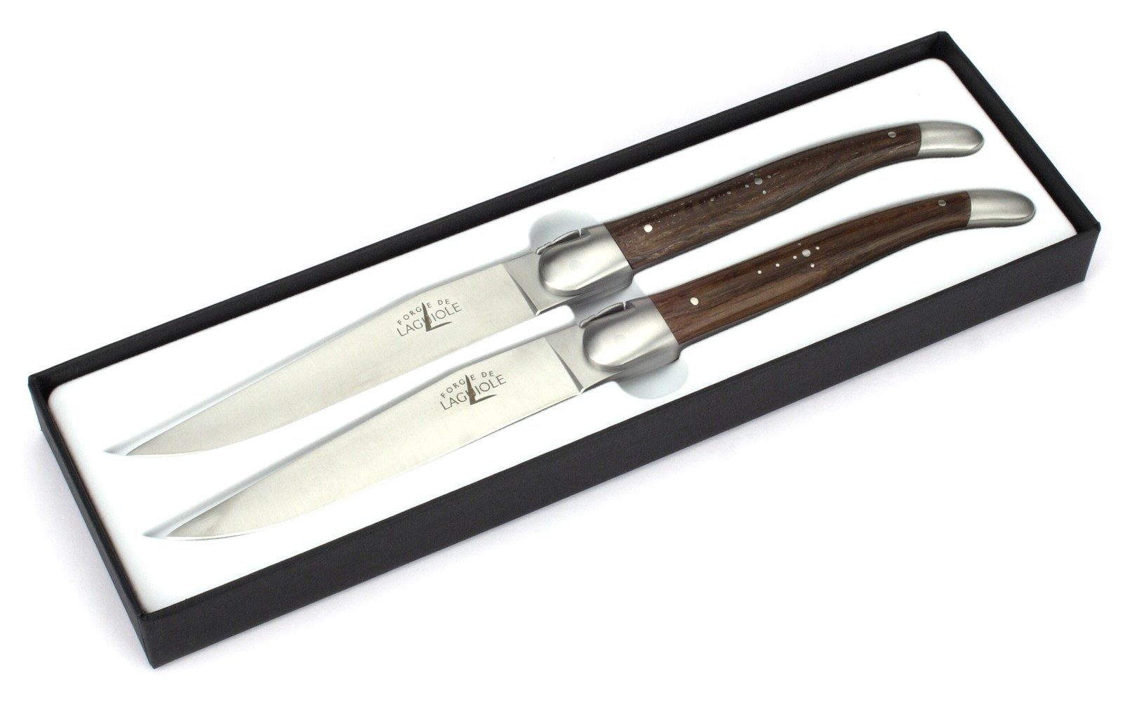 Forge de Laguiole Steakmesser T2 2M IN CHFC SAT 2er Set - Griff fossile Mooreiche - Stahl satiniert - Aufbewahrungsbox