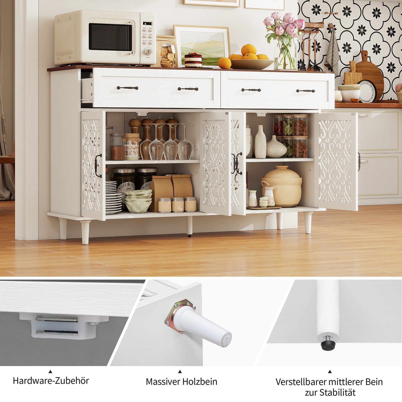 REDOM Sideboard mit 4 Türen, 2 Schubladen und geschnitztem Lochdesign (höhenverstellbare Regale, retro-Metallgriffe und stabile Massivholzfüße, Kommode Schrank)