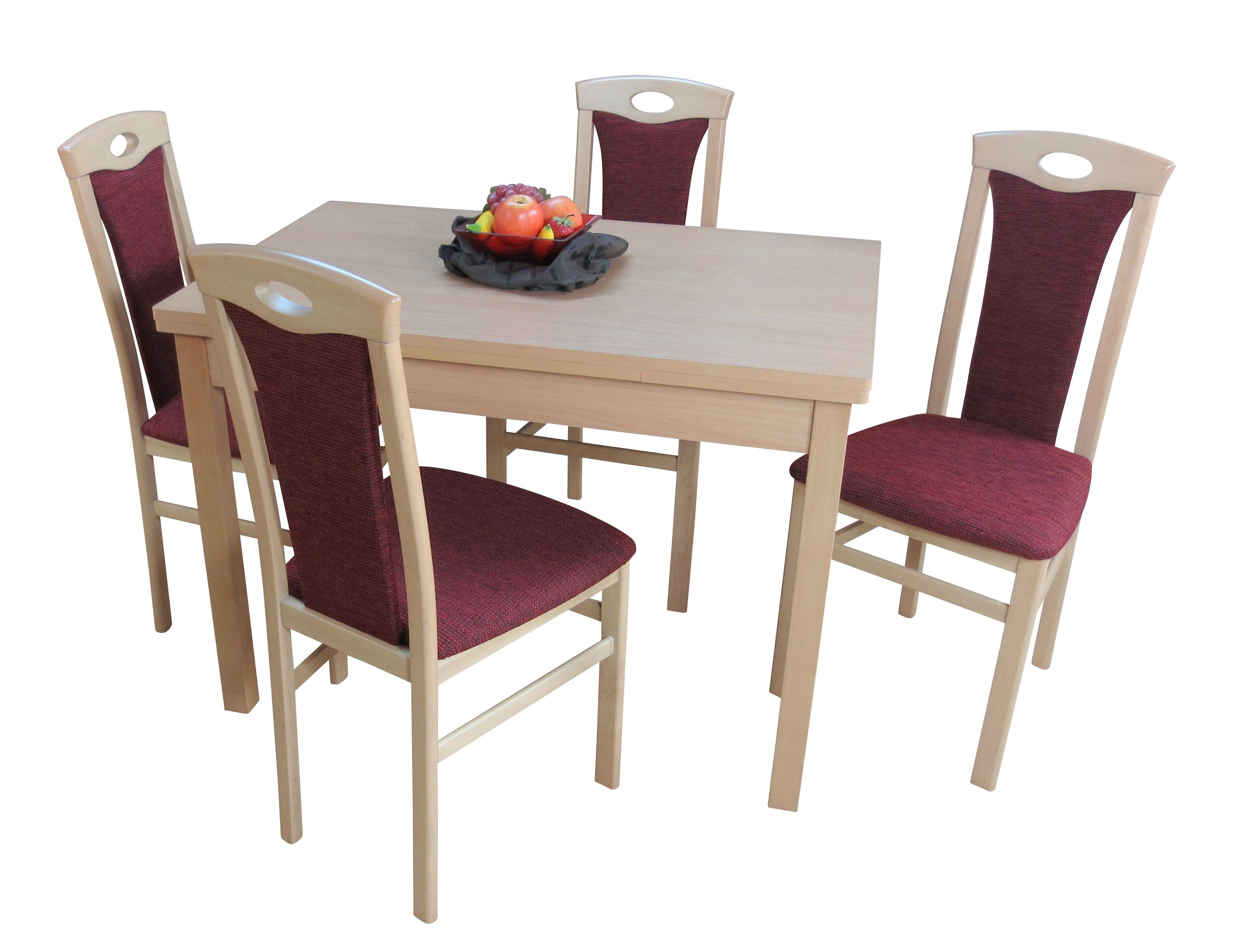 moebel-direkt-online Essgruppe Janina, (Spar-Set, Tischgruppe 5tlg), Tisch mit 4 Stühlen Farb-Nr. 3 = Buche-Nachbildung/bordeaux