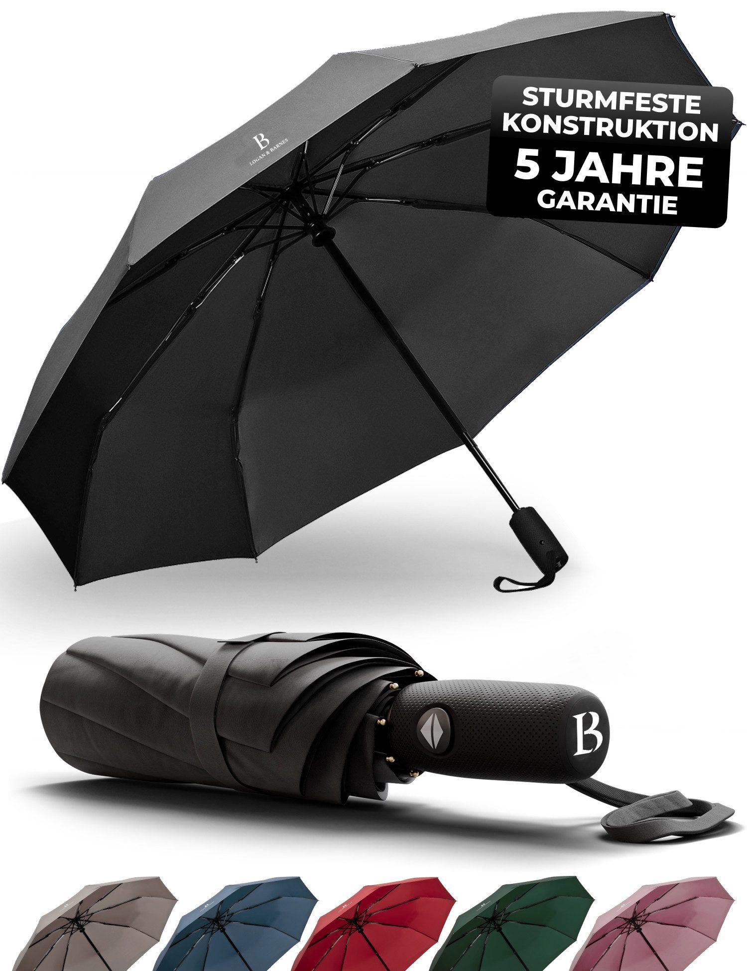 Logan & Barnes Taschenregenschirm Boston, Sturmfest bis 140 km/h