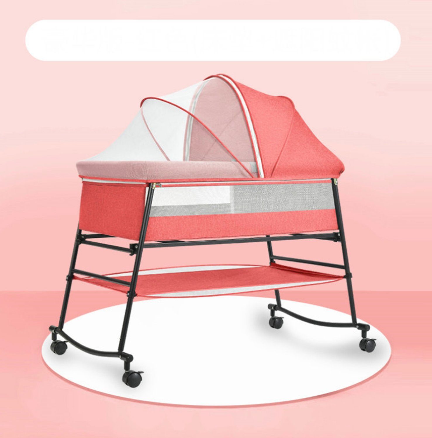 TPFLiving Beistellbett rollbares Babybett Babywiege Reisebett mit Rosa Liegefläche Mückenschutz verstellbar, und rollbares Aufbewahrungstasche Babybett