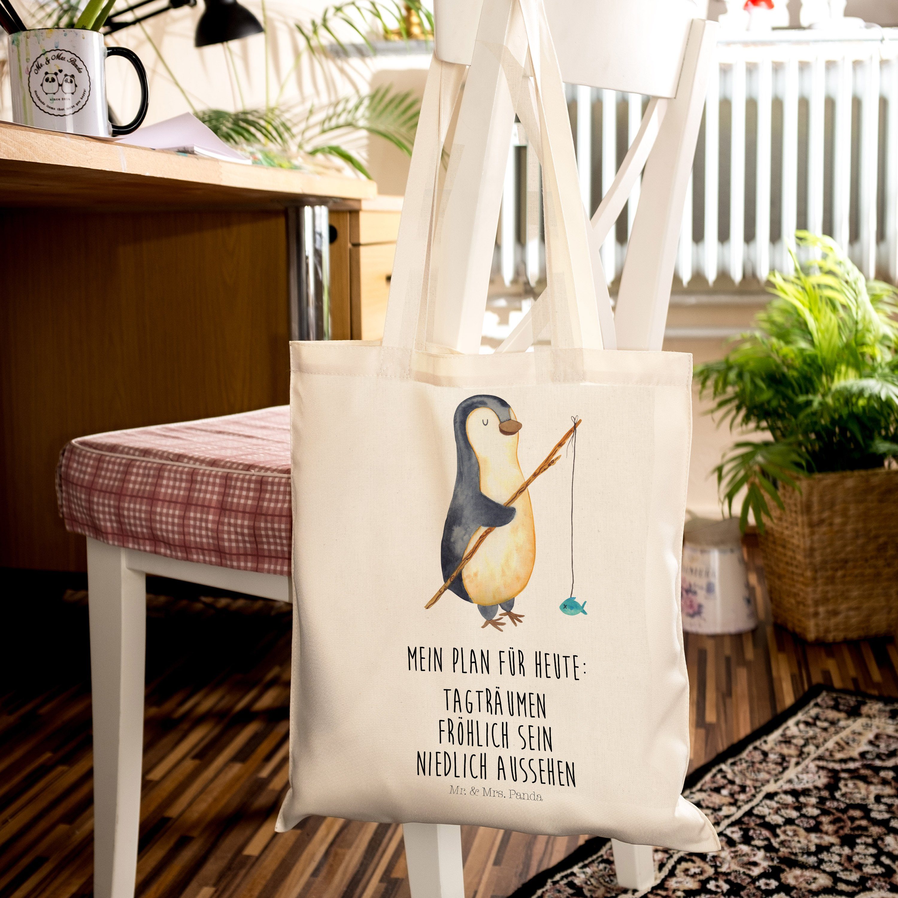 Angler & - Geschenk, - Einkaufstasche, Tragetasche Panda Transparent (1-tlg) Beutel, Pinguin Mrs. Ange Mr.