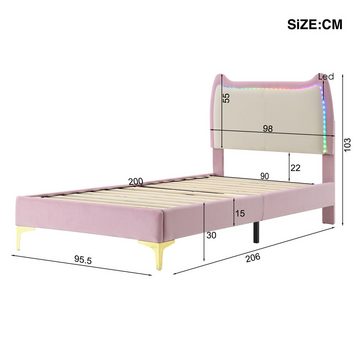 Fangqi Polsterbett 90x200 cm upholstered bed with LED light bar, velvet, pink bed frame (Prinzessinnenbett mit Kopfteil in Form von Tierohren, Einzelbett), Kopfteil mit weißem Kopfteil, rosa Bettrahmen, LED-Lichtleiste