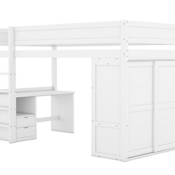 XDeer Jugendbett 90*200cm Hochbett, vielseitiges Kinderbett, ausgestattet, mit Kleiderschrank, Schreibtisch und Schubladen