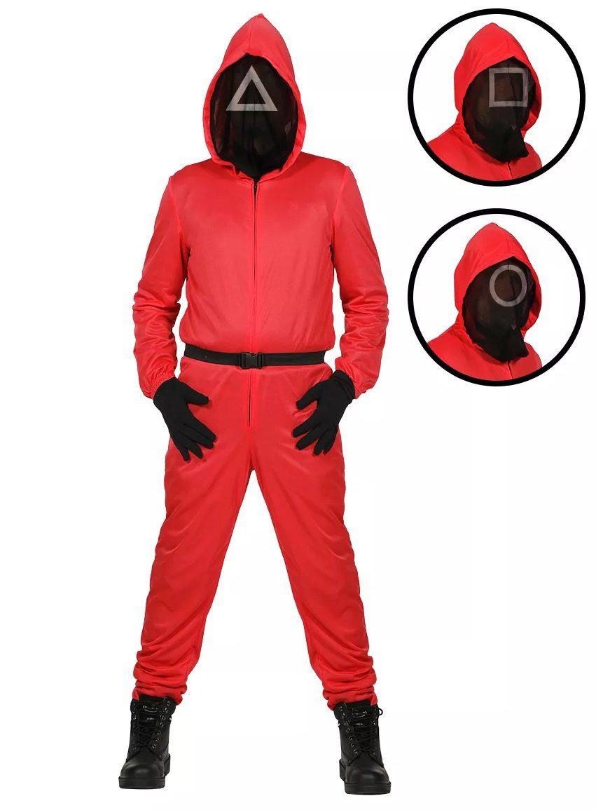 Metamorph Kostüm Squid Game Aufseher Overall Faschingskostüm Kinder, Roter Kinderoverall mit eingearbeiteter Maske der Aufseher aus der kor