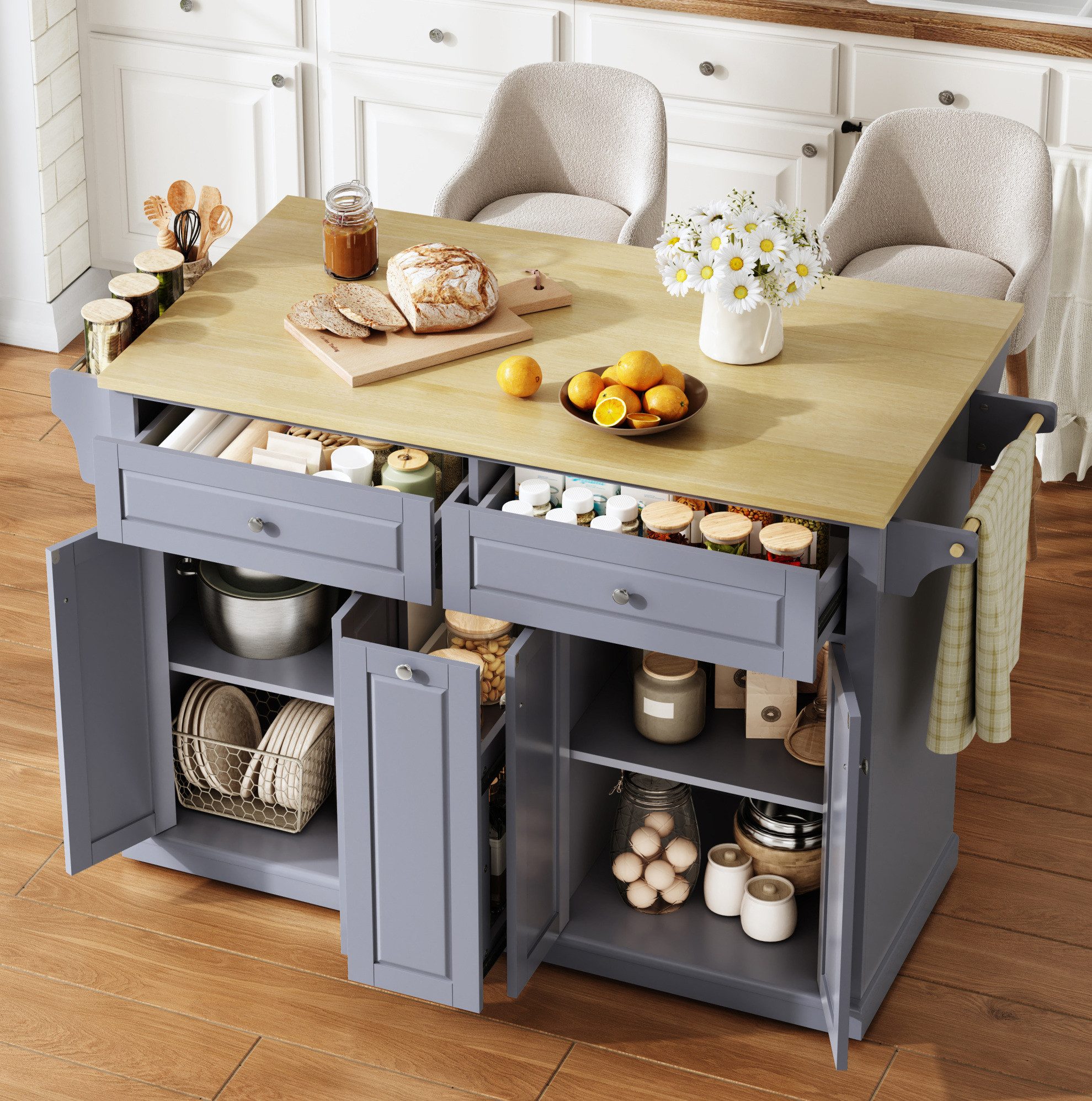 MODFU Kücheninsel 121×49(69)×89 cm Küchenmöbel mit Klappplatte und Stauraum, (Mobiler Küchenwagen mit vertikalen Auszugsschubladen System), Rollschrank mit 2 Schubladen und feststellbaren Rollen Design