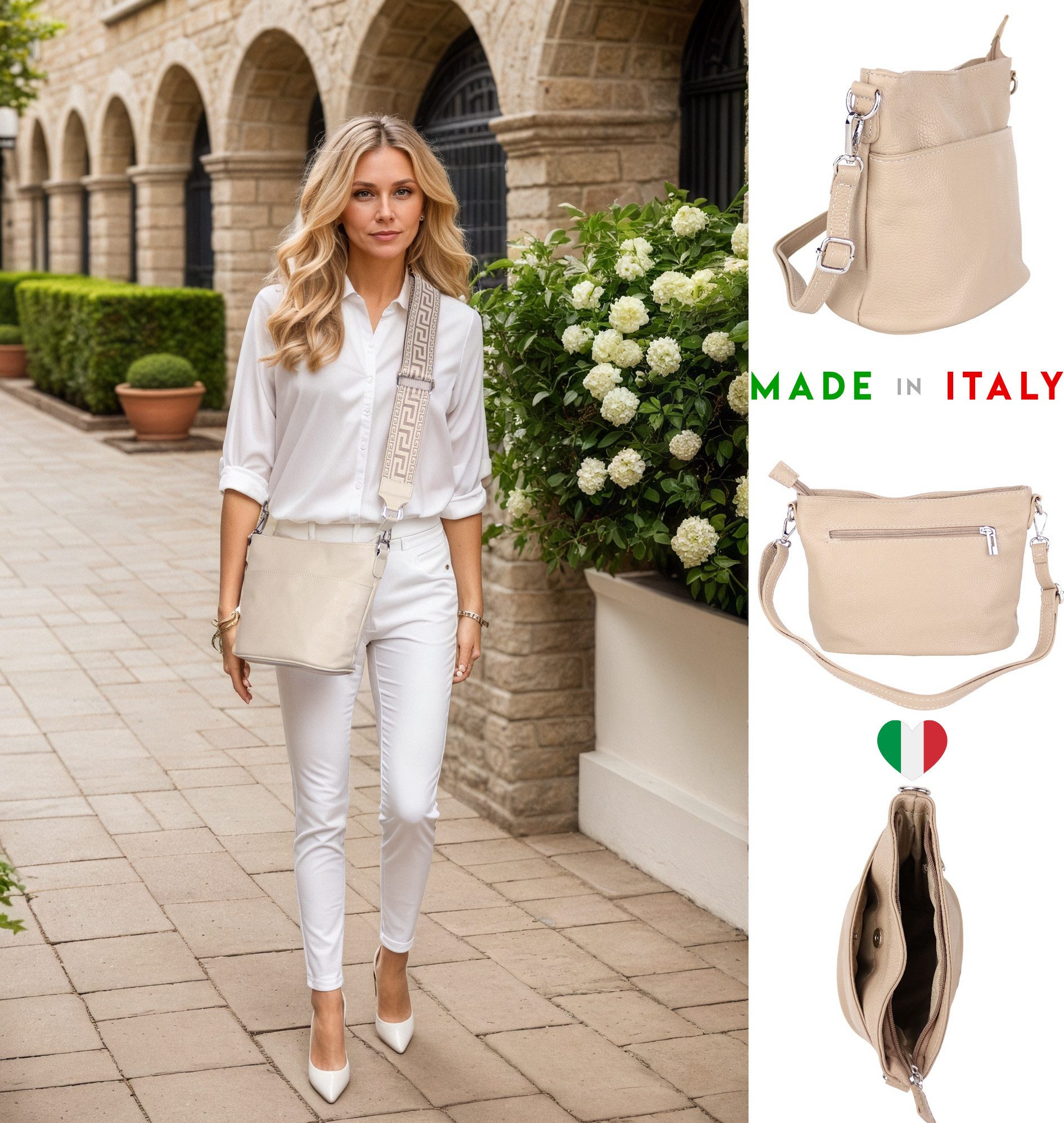 MIRROSI Umhängetasche Damen, Crossbody Bag, Echtleder Made in Italy (1 Tasche 2 Gurte oder Basic Version 1 Tasche 1 Gurt), 24x18x12cm (BXHXT) – Bild 2 von 3