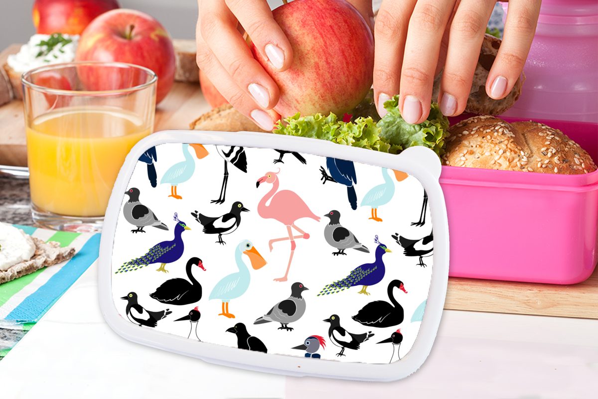(2-tlg), - Lunchbox für Kunststoff Brotdose Brotbox Kunststoff, MuchoWow Muster Flamingo, Kinder, rosa - Snackbox, Erwachsene, Mädchen, Vogel