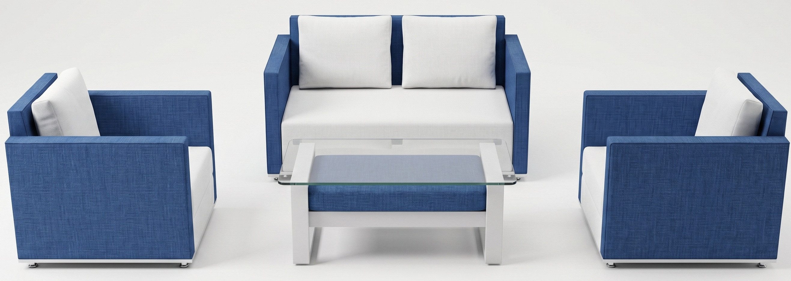 JVmoebel Wohnzimmer-Set Blau-Weiße Sofagarnitur Designer Gartenmöbel Luxuriöse Polstersessel, (4-St)