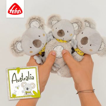 Fehn Greifspielzeug Australia, Stoffbuch, mit Ring zur Befestigung an Kinderwagen, Babyschale oder Bett