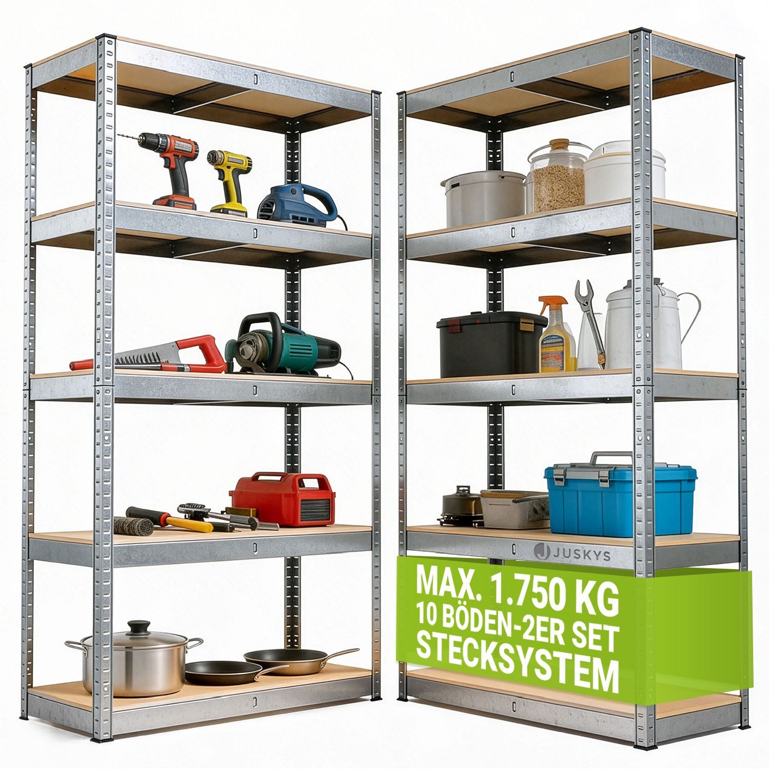 Juskys Schwerlastregal Basic, 2-tlg., Regalsystem mit 10 Einlegeböden, je 175 kg Traglast, Abstände wählbar