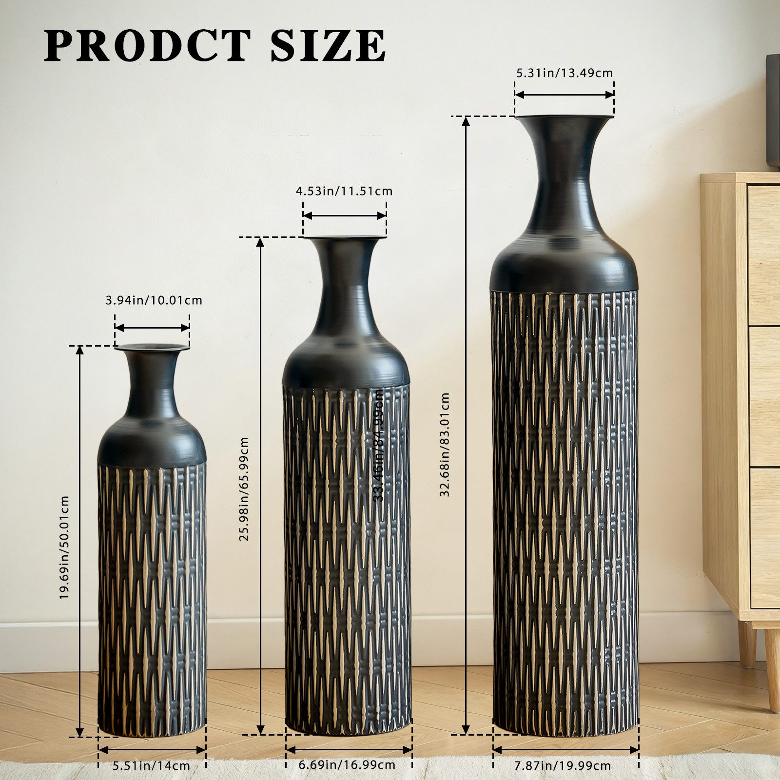 KLAM HOME Bodenvase Große Bodenvase 3er Set aus Metall, (50/65/83 cm), Mid-Century Modern (Dekovase Boden bis zur Decke reichende Vase, hohe dekorative Vase), Vintage Deko, Dekorative Vase für Wohnzimmer, Flur und Schlafzimmer