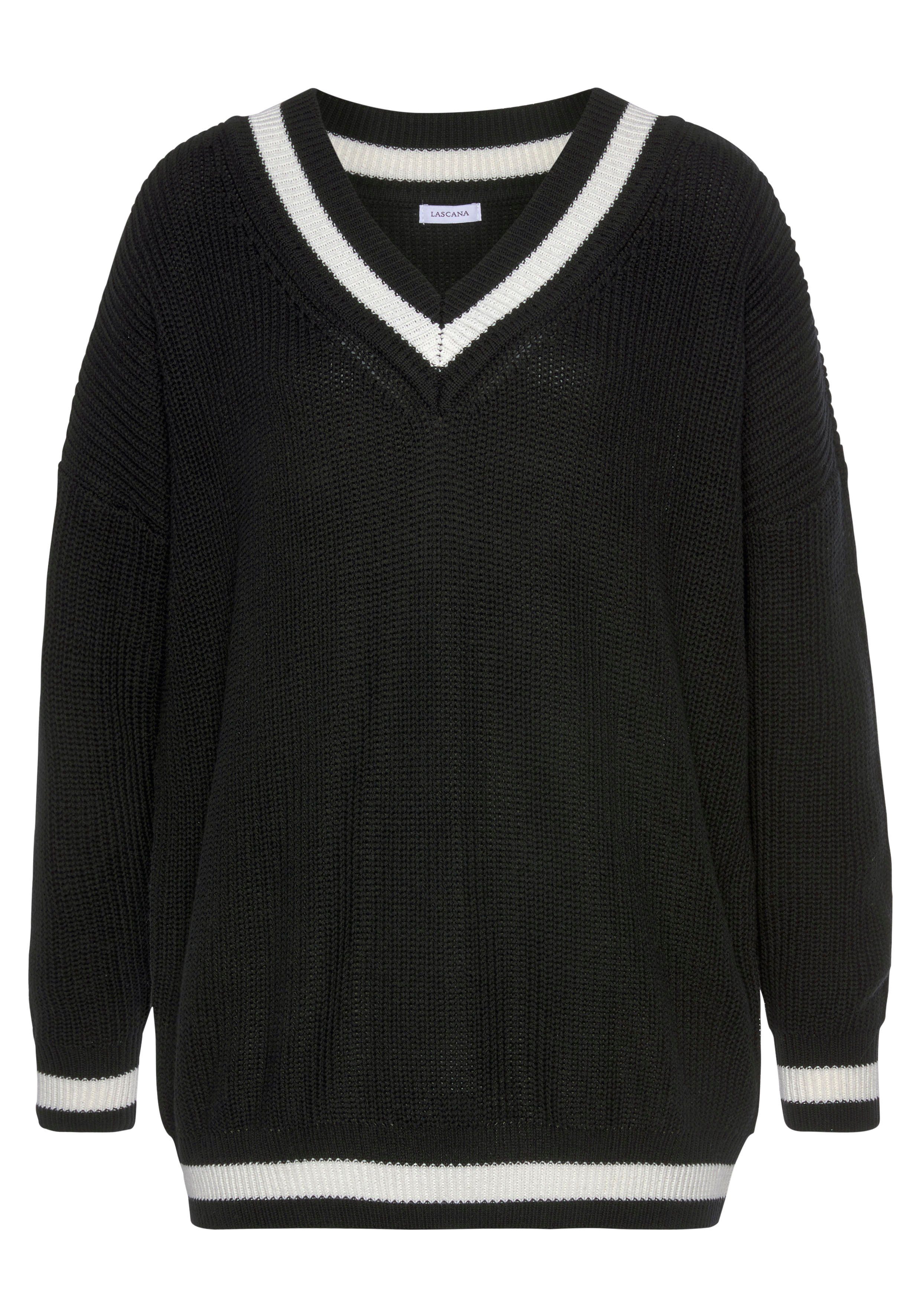 LASCANA V-Ausschnitt-Pullover mit Streifen-Details schwarz