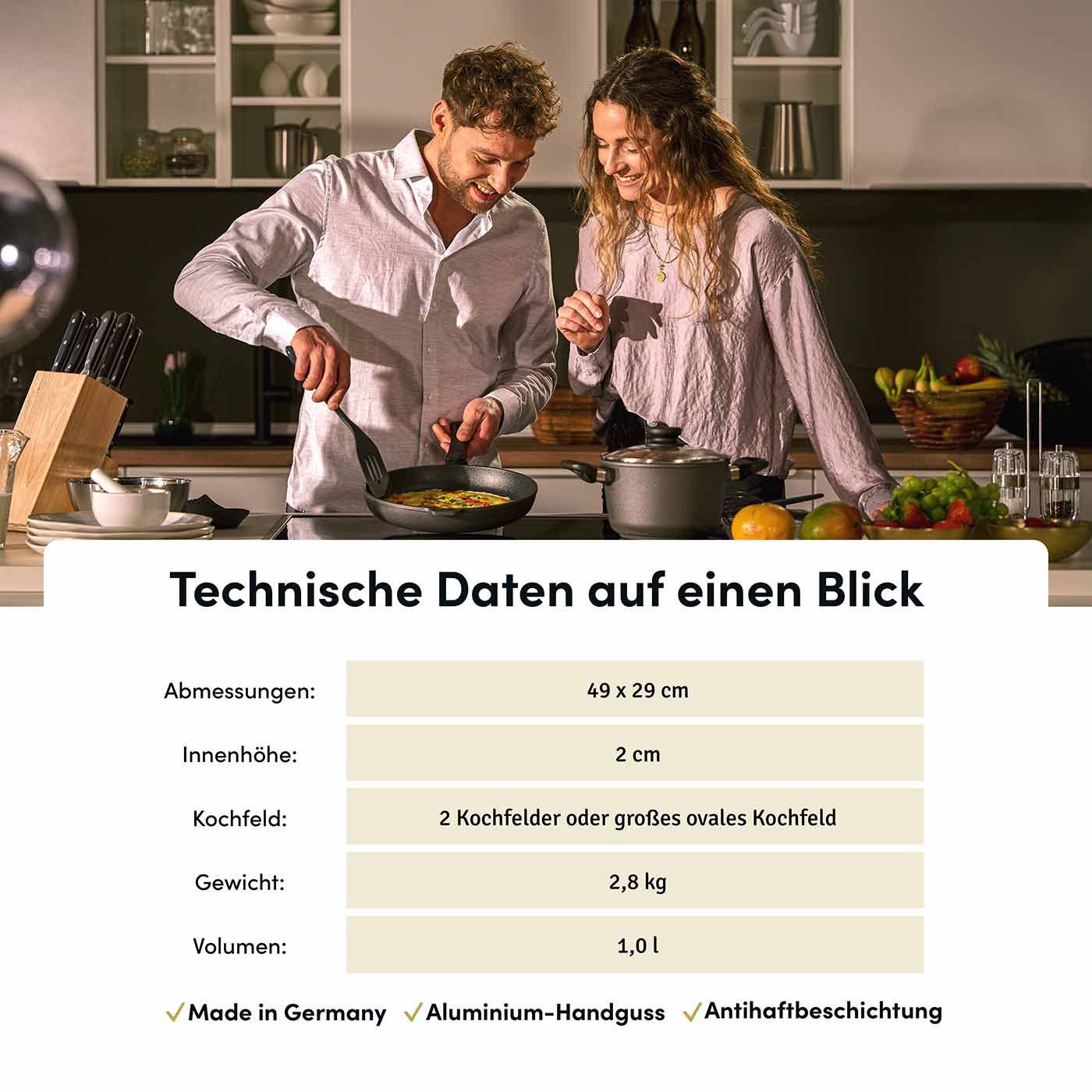 Hoffmann Germany Teppanyakiplatte Grillplatte 2in1 Aluguss eckig 49x29 cm – Made in Germany, Aluguss (1-tlg., 1x Grillplatte 49x29 cm + Silikon-Füße), Grillstreifen + Bratfläche, Antihaft, backofenfest, Induktion