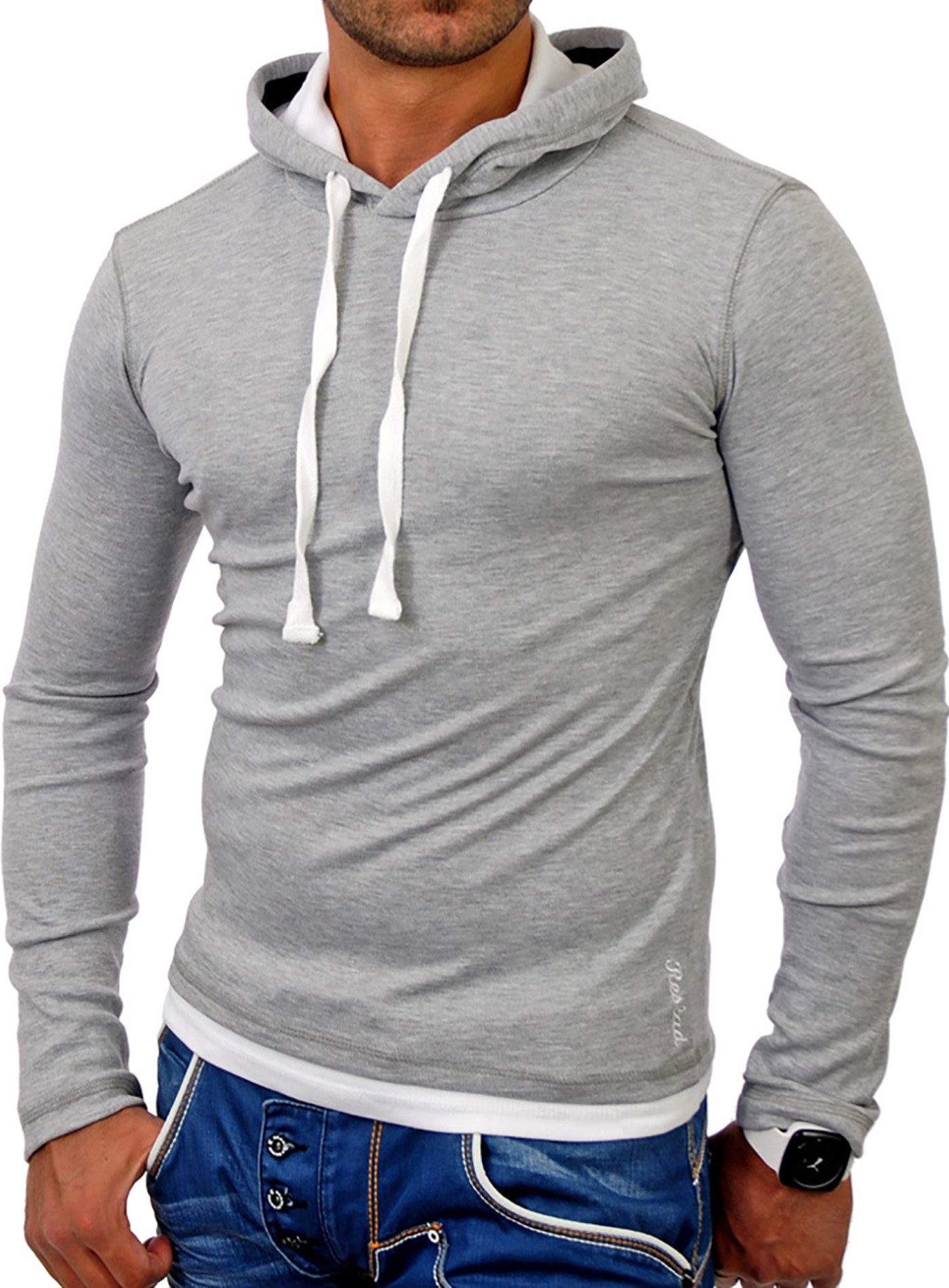 Reslad Sweatshirt Reslad Herren Kapuzen Sweatshirt RS-1003 (1-tlg) Kapuzensweatshirt Layer-Look grau-weiß