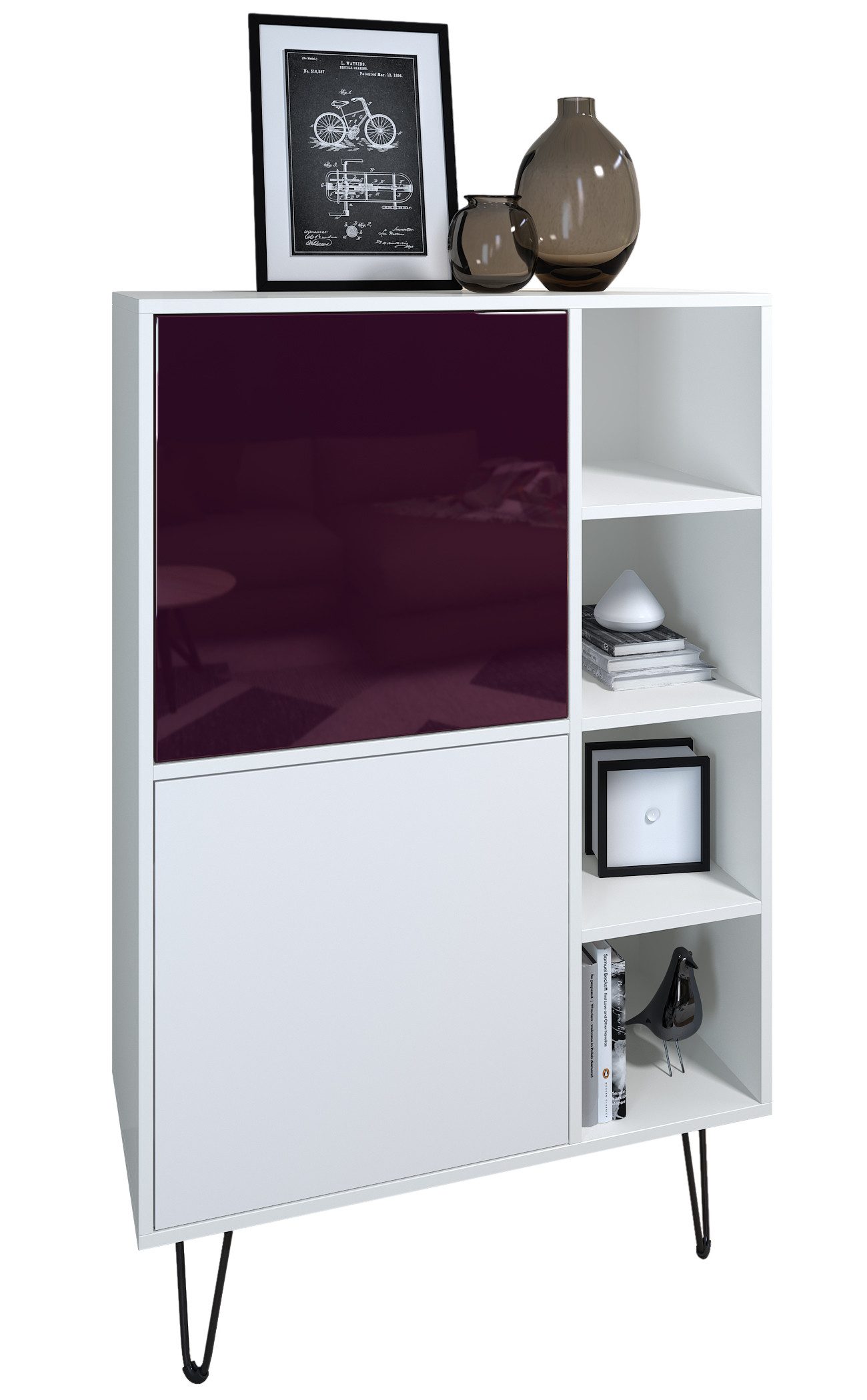 Vladon Sideboard Havana V1 (Schrank mit 2 Türen und 4 offene Fächer, Kommode Made in Germany), Weiß matt / Weiß matt (124 x 79 x 35 cm)