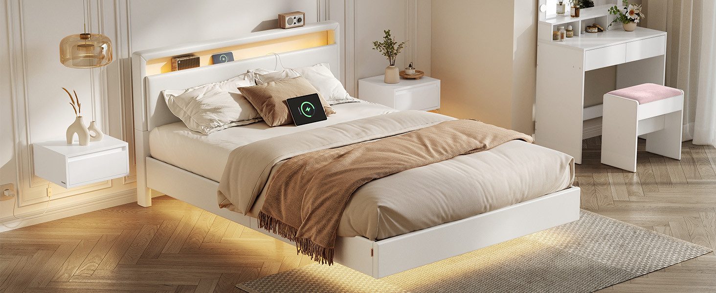 VASAGLE Polsterbett Bettgestell, Doppelbettgestell, Bett mit LED-Beleuchtung, wolkenweiß, schwebender visueller Effekt, hohem Kopfteil, Ladestation, modern