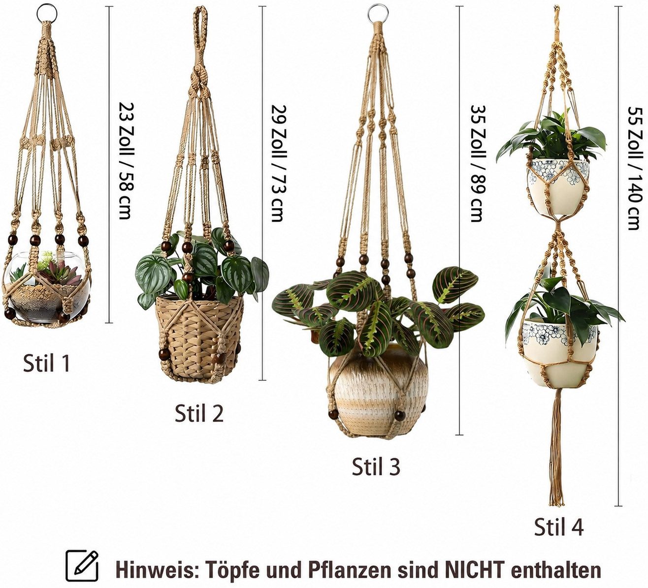 Diwzbyn Dekohänger Makramee Pflanzenhänger 4er Set mit Haken, Hängekorb aus Baumwolle, Boho Hängekorb für Blumentöpfe, mit Aufhängeschlaufen