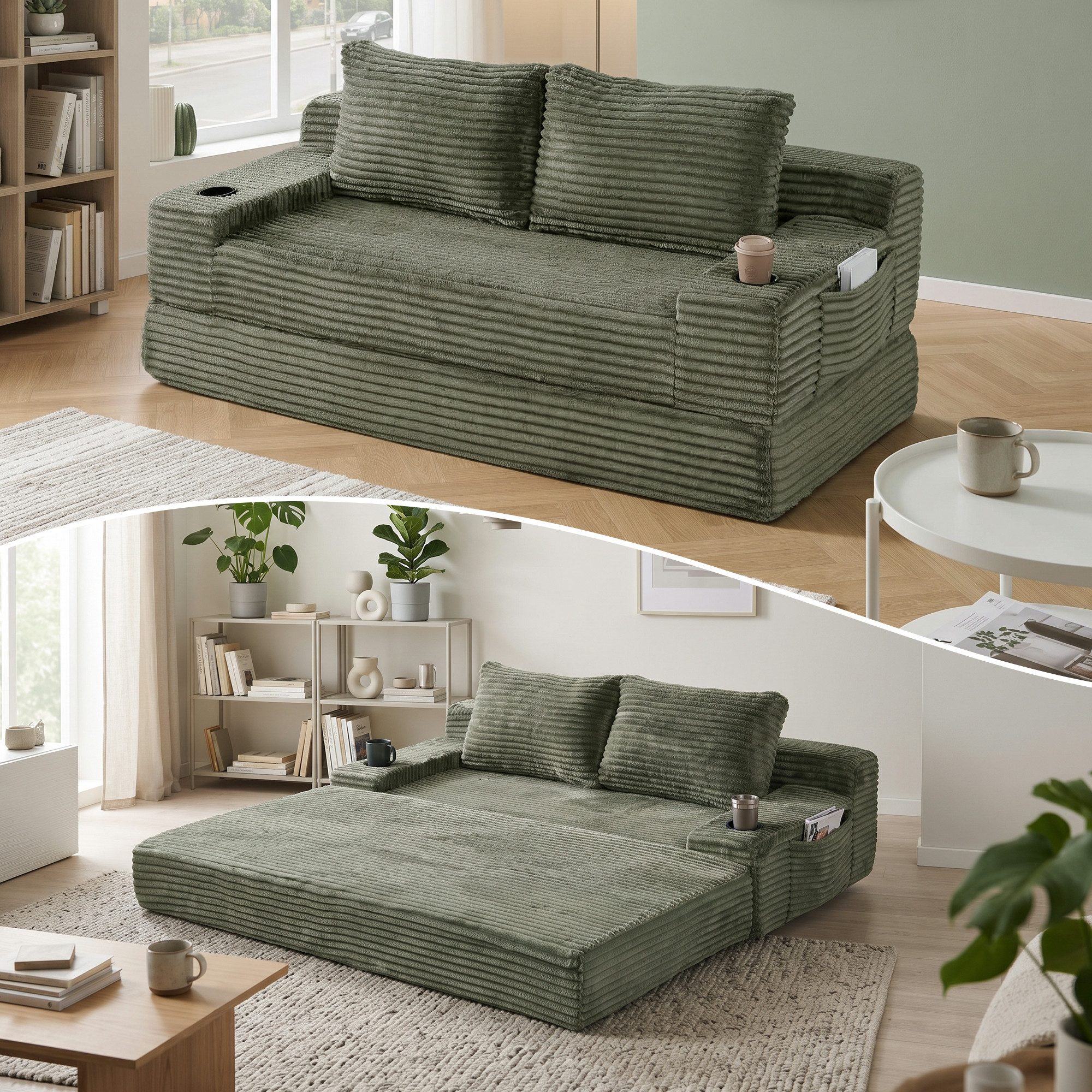 GLP Schlafsofa Schlafsofa 2-Sitzer in Cord-Stoff, mit Bettfunktion und Getränkehaltern, Liegefläche 180x170 cm, 180x85x62 cm