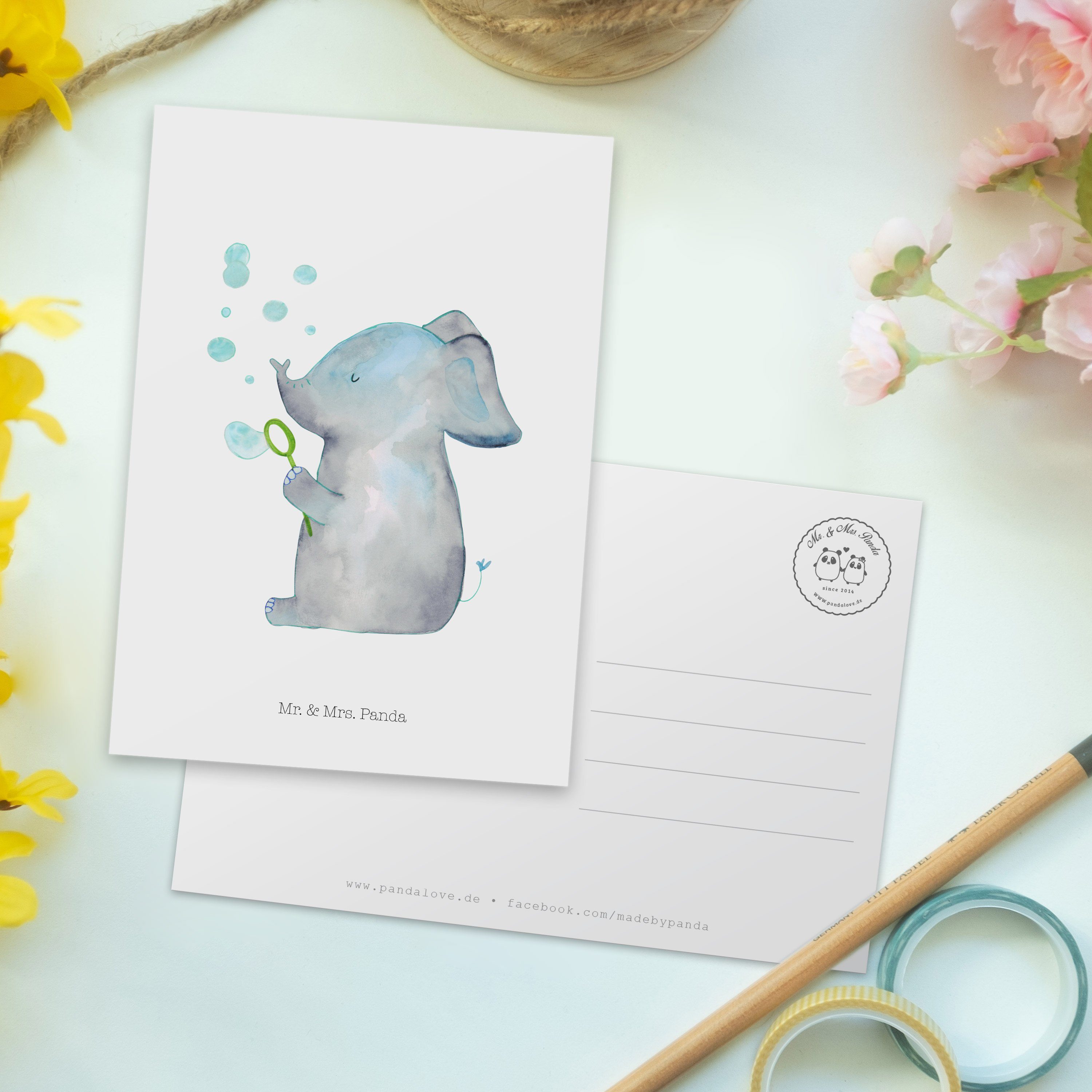 Einladungskarte, Geschenk, Seifenblasen Panda Mrs. Mr. & Postkarte Elefant - Dankeskarte Weiß -