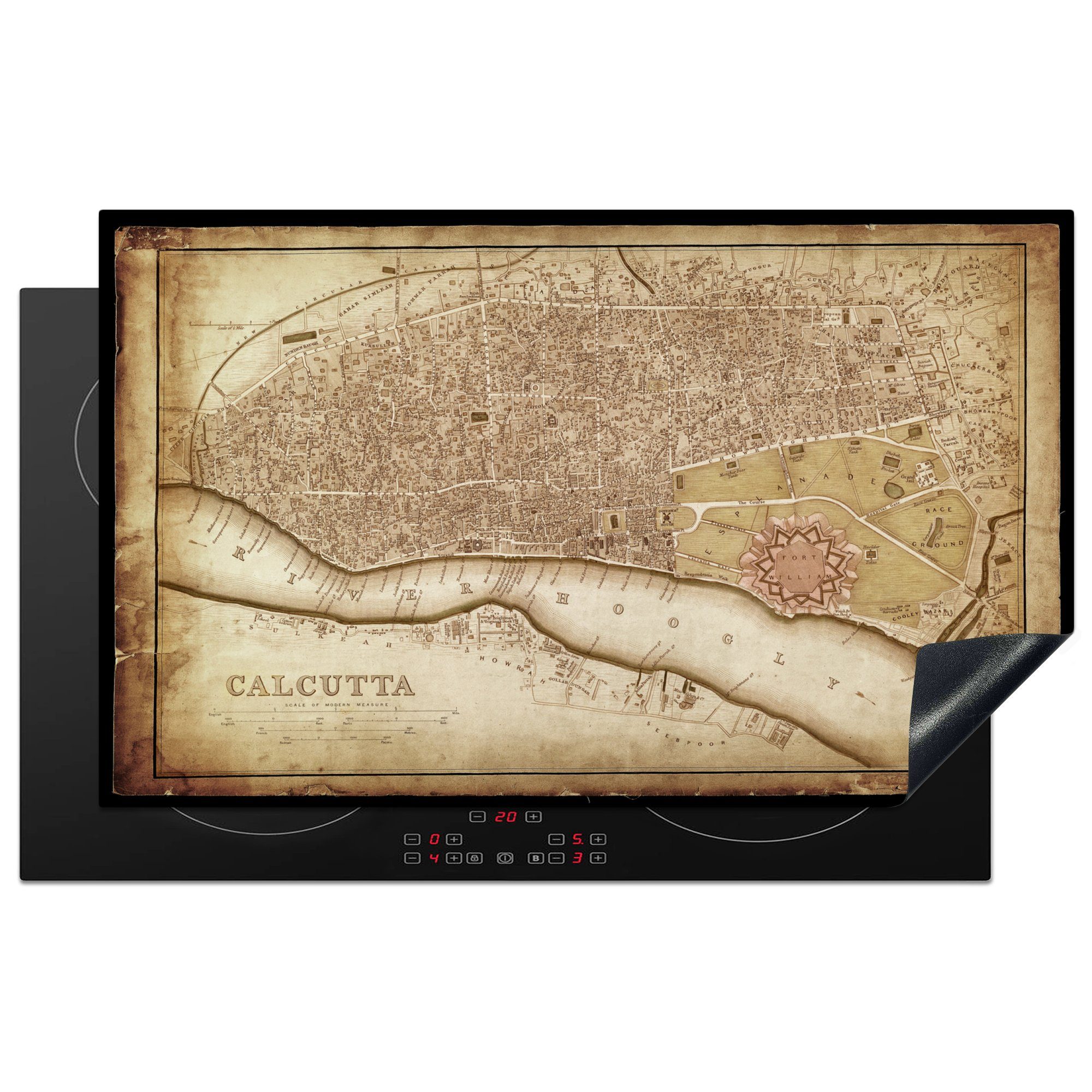 MuchoWow Herdblende-/Abdeckplatte Illustration einer alten Karte von Kalkutta in Indien, Vinyl, (1 tlg), 83x51 cm, Ceranfeldabdeckung, Arbeitsplatte für küche