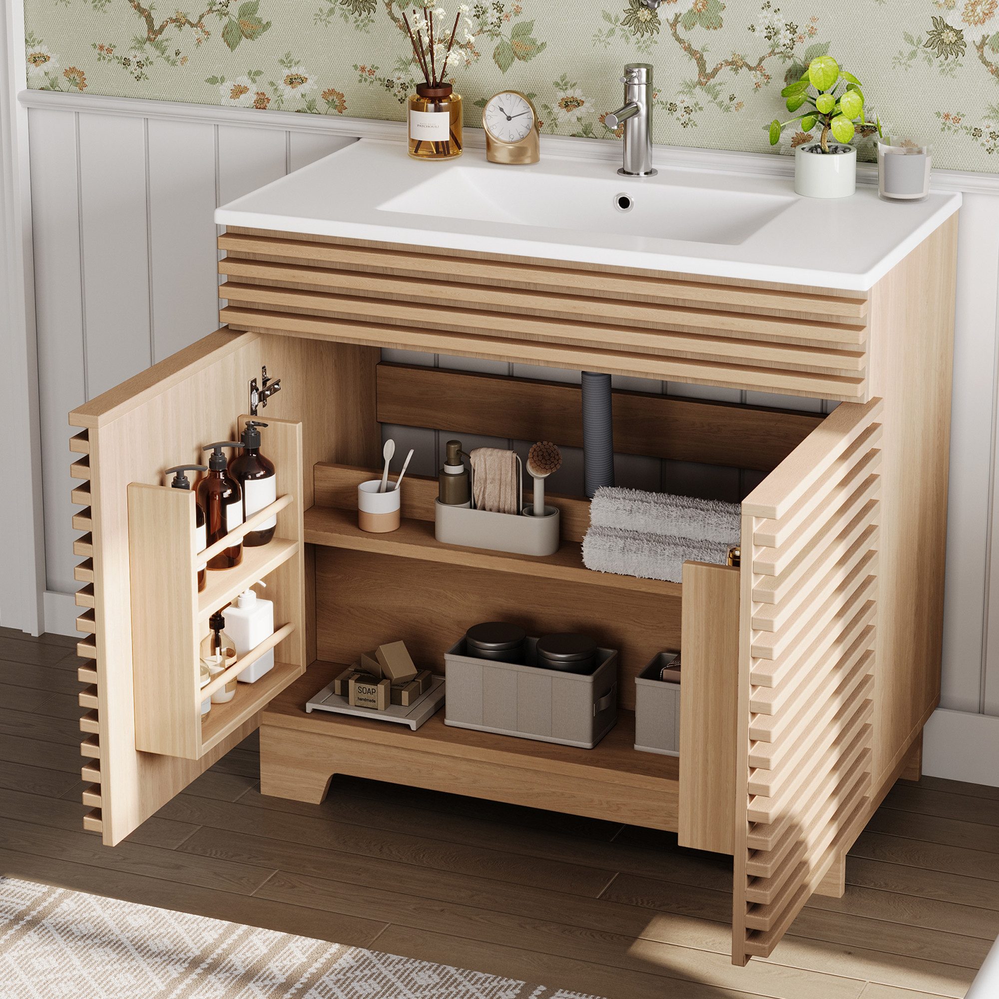 Flieks Waschtisch Waschbeckenunterschrank mit eingebauten Regalen & 3D-Horizontalstreben (91x46x80 cm, 1-St., bodenstehend, Badzimmer Doppeltürschrank mit Soft-Close-Scharnieren), Badmöbel Badezimmerschrank mit Türablagen Waschbecken Natur
