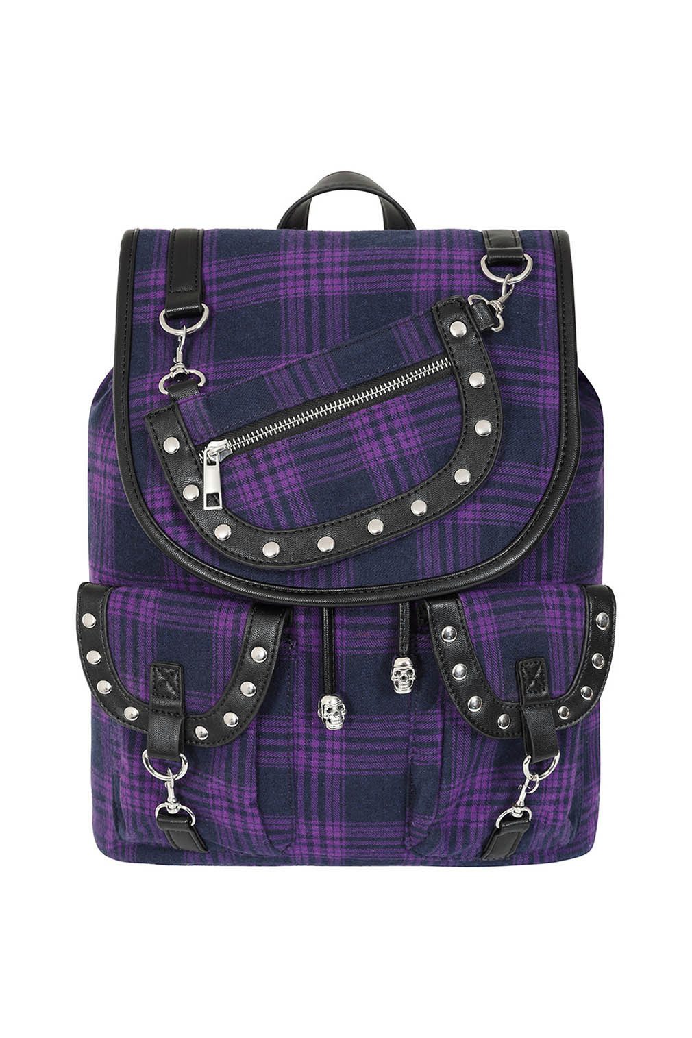 Banned Rucksack Yami Kariert Violett, Backpack Nieten Punk Gothic