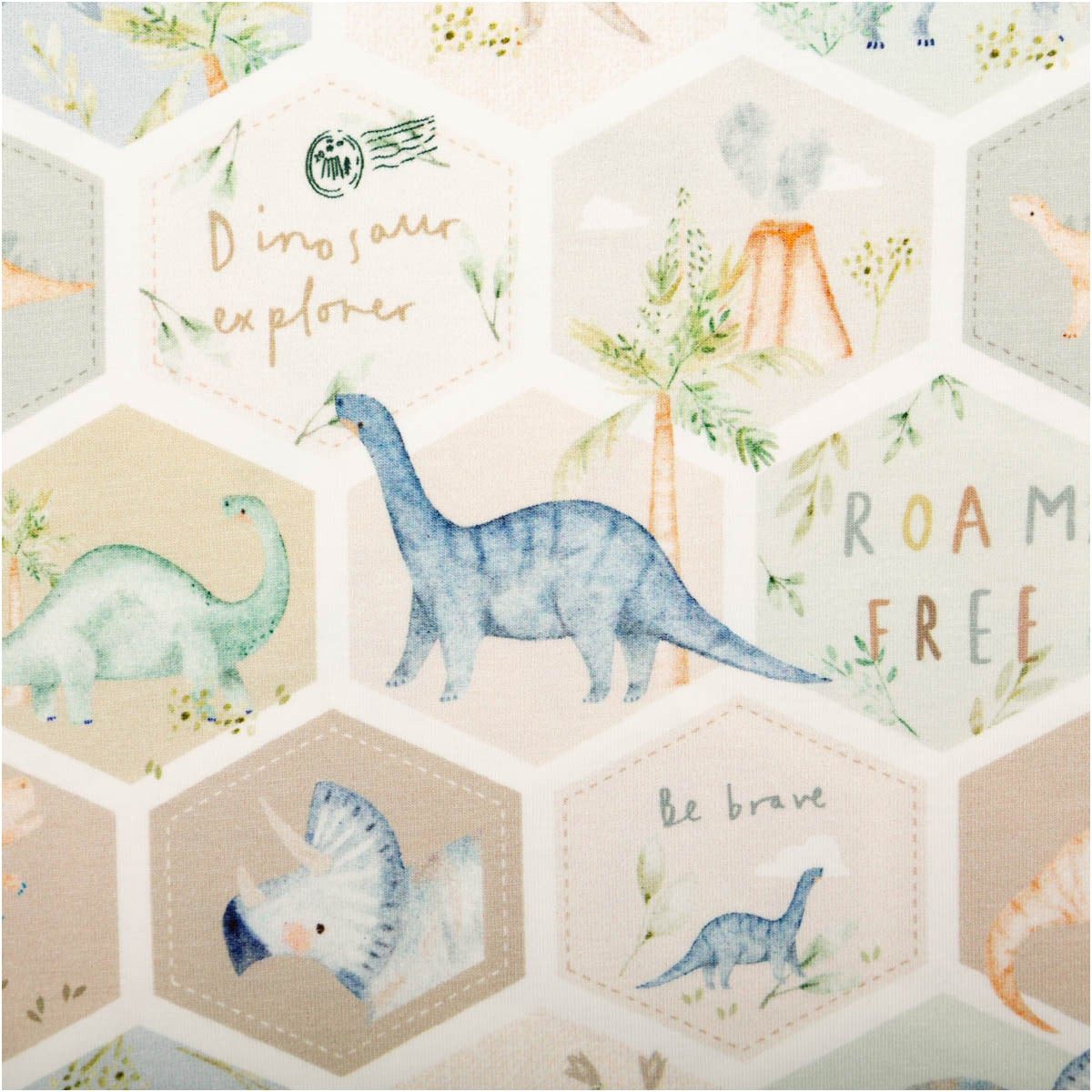 Stoff Jersey Stoff Dinosaurier Hexagon grün blau beige 1,5 m breit