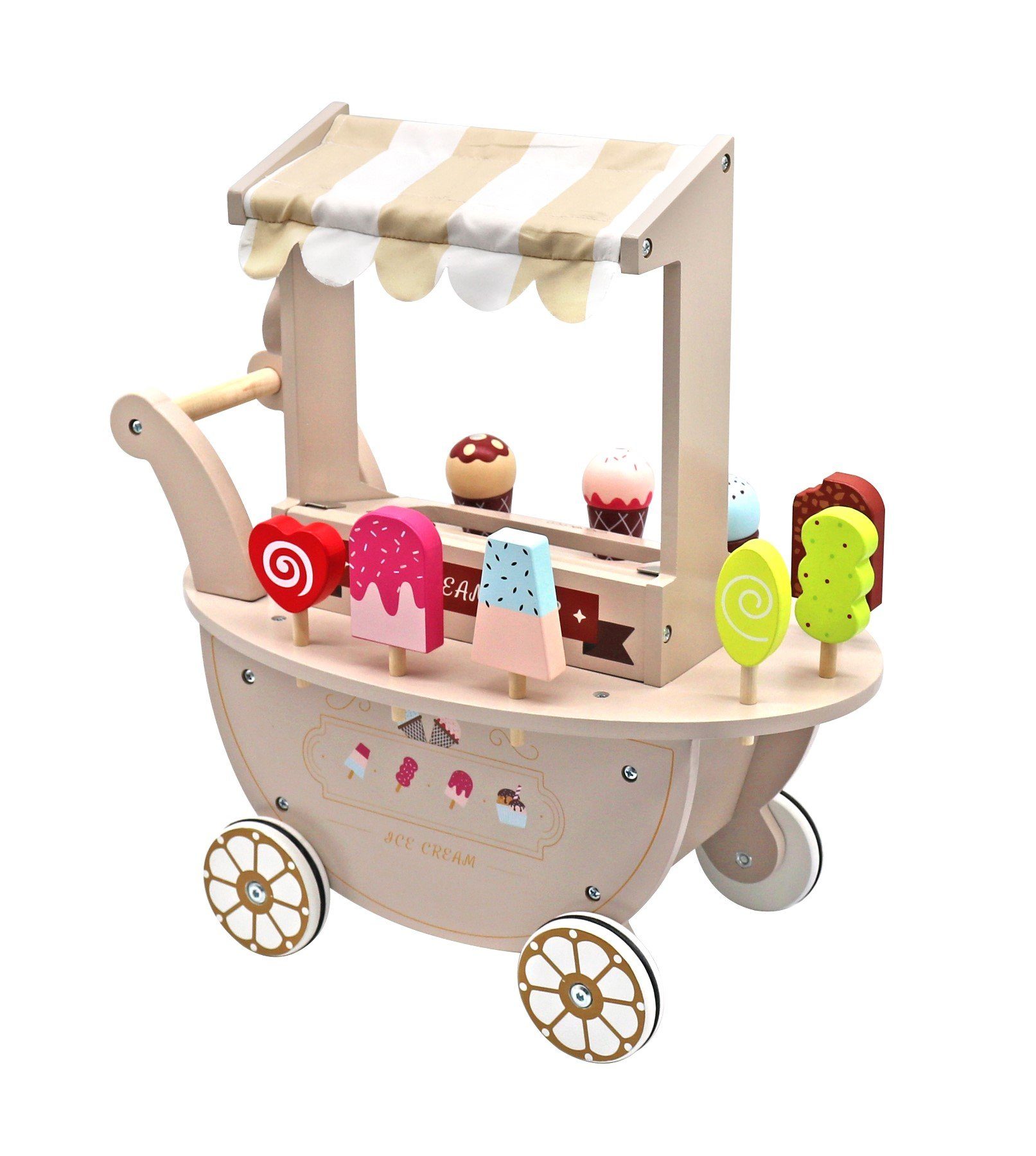 TikTakToo Lauflernwagen 15 aus Holz Eisladen Zubehör, Kaufladen, Spielset Zubehör Spielset), 15tlg. TLG Eiswagen Gummilaufrollen Lauflernwagen incl. mit (komplettes Holz