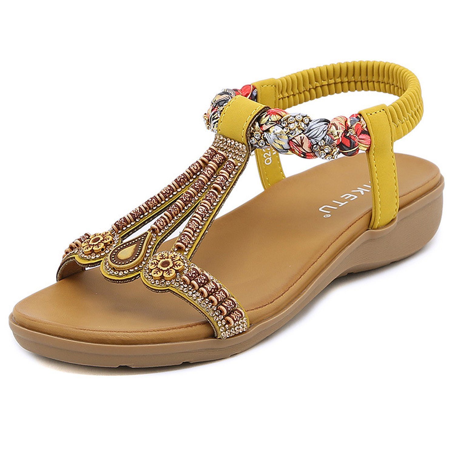 MAGICSHE Sandalen im gelb Stil Geflecht, Perleneinlage Riemchensandale ethnischen