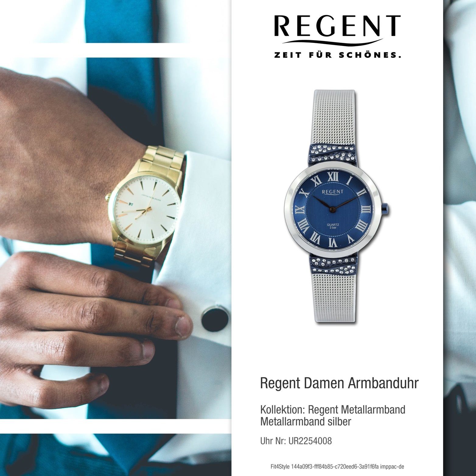 Damenuhr (30mm) Armbanduhr Quarzuhr Metallarmband dunkelblau, Gehäuse, Analog, Damen silber, groß Regent rundes Regent
