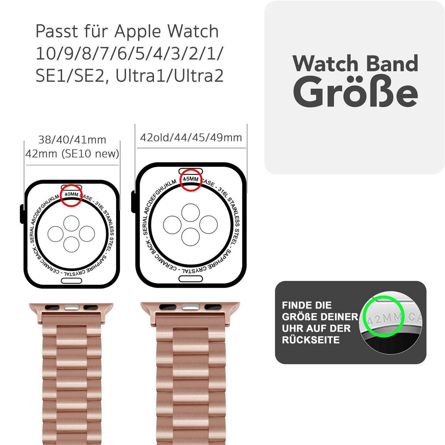 Nalia Smartwatch-Armband Apple Watch 49mm/46/45/44/42(Serie 1-3), Edelstahl Ersatzband / für Business & Freizeit / Rostfrei & Kratzfest