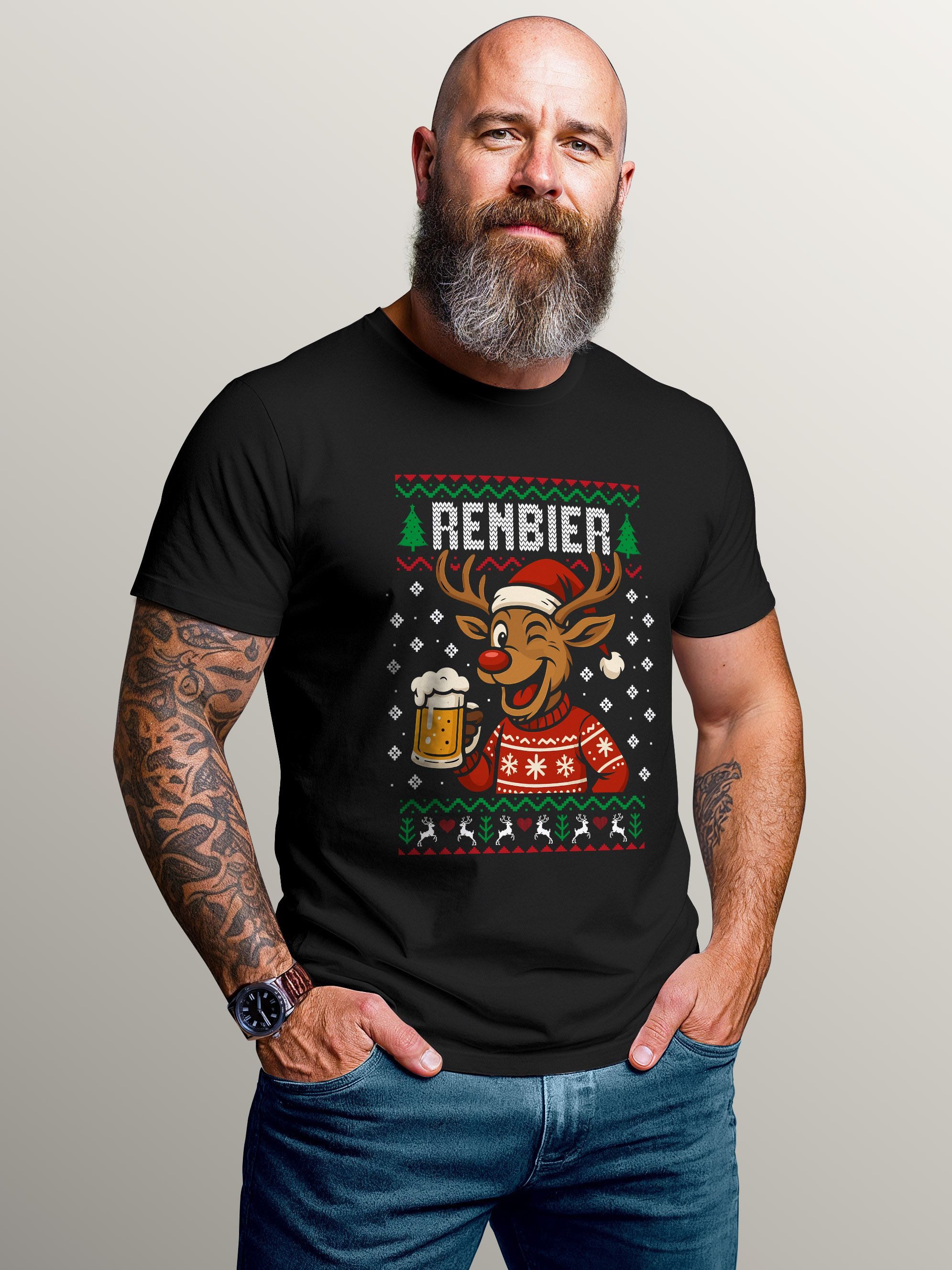 MoonWorks Print-Shirt Herren T-Shirt Weihnachten Renbier Wortspiel Spruch lustig Bier Ugly mit Print