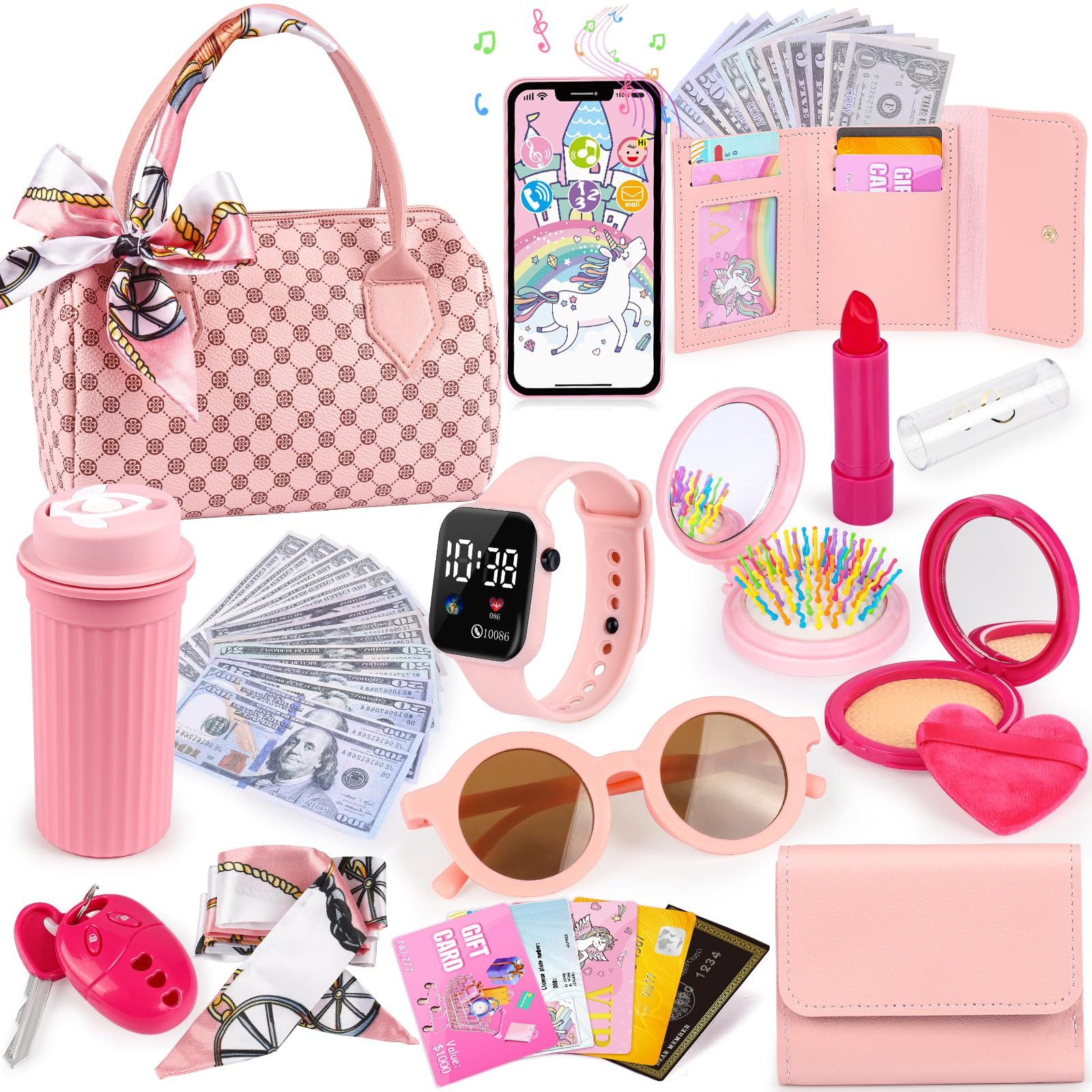 CLTYQ Kreativset 32-teilige Kleinkind, Kinder-Make-up-Set, Make-up-Spielzeug, Spielzeug-Geldbörse für Mädchen: Handtasche, Handy, Uhr, Schal