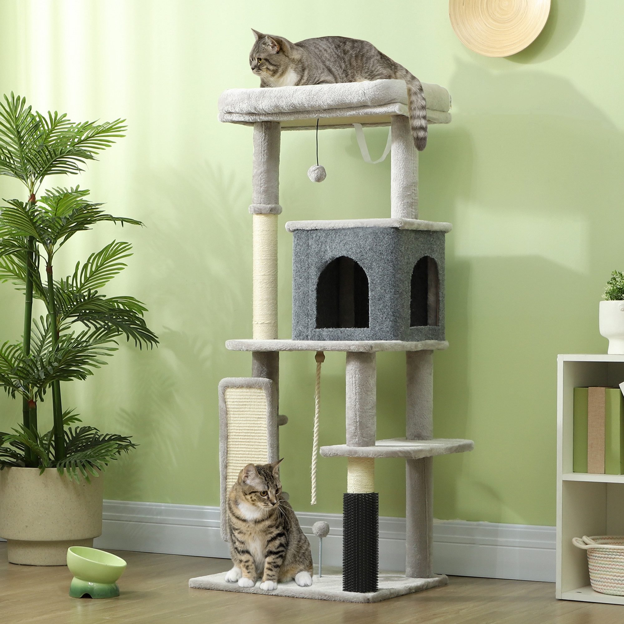 PawHut Kratzbaum Katzenbaum mit Höhle, Bett, Kratzbrett, Plüschbälle, Katzenmöbel, für Katzen bis 6 kg, Hellgrau