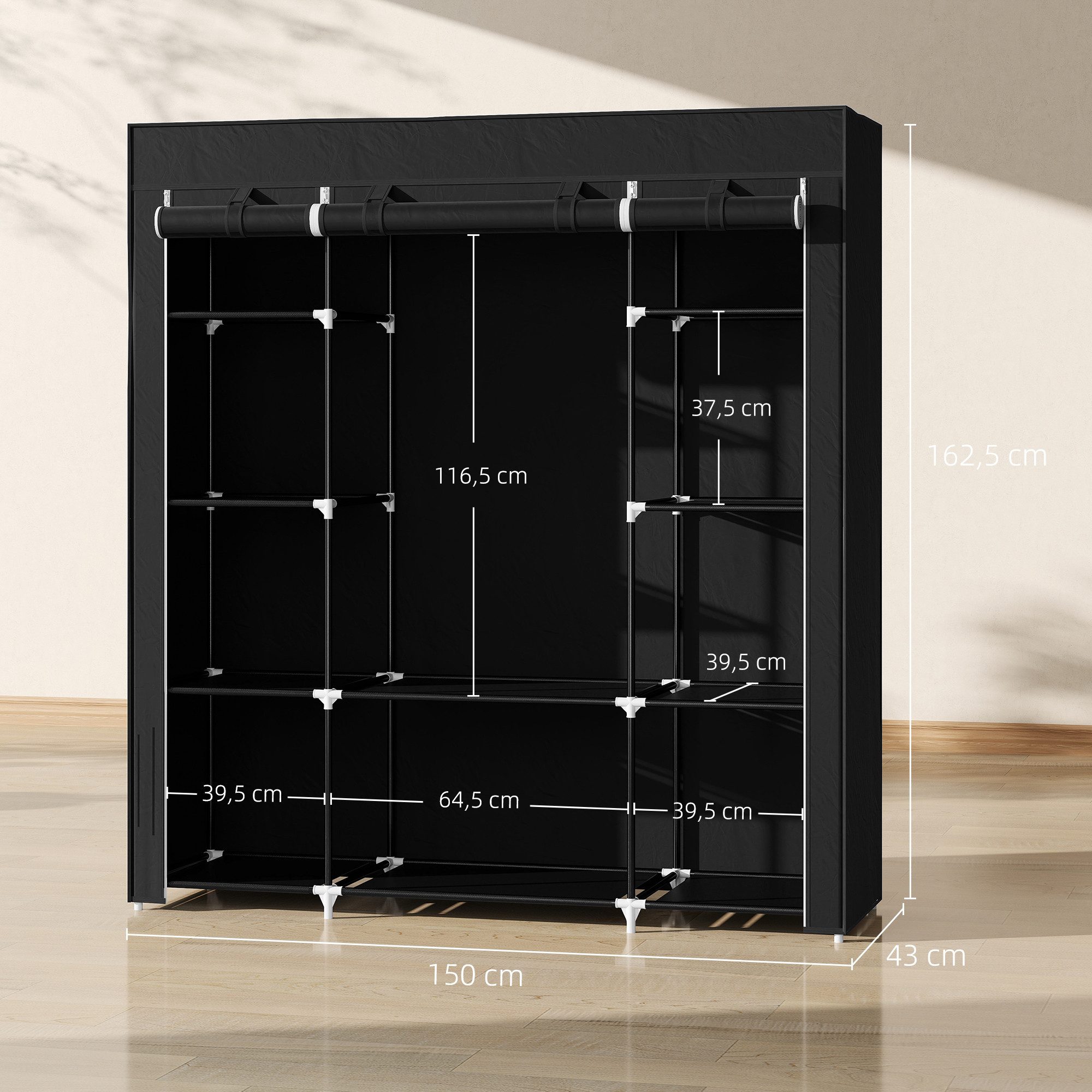 HOMCOM Stoffschrank Faltschrank mit1 Kleiderstange, 9 Regale (Tragbare Garderobe, 1-St., Kleiderschrank) Schwarz, 150 x 43 x 162,5 cm