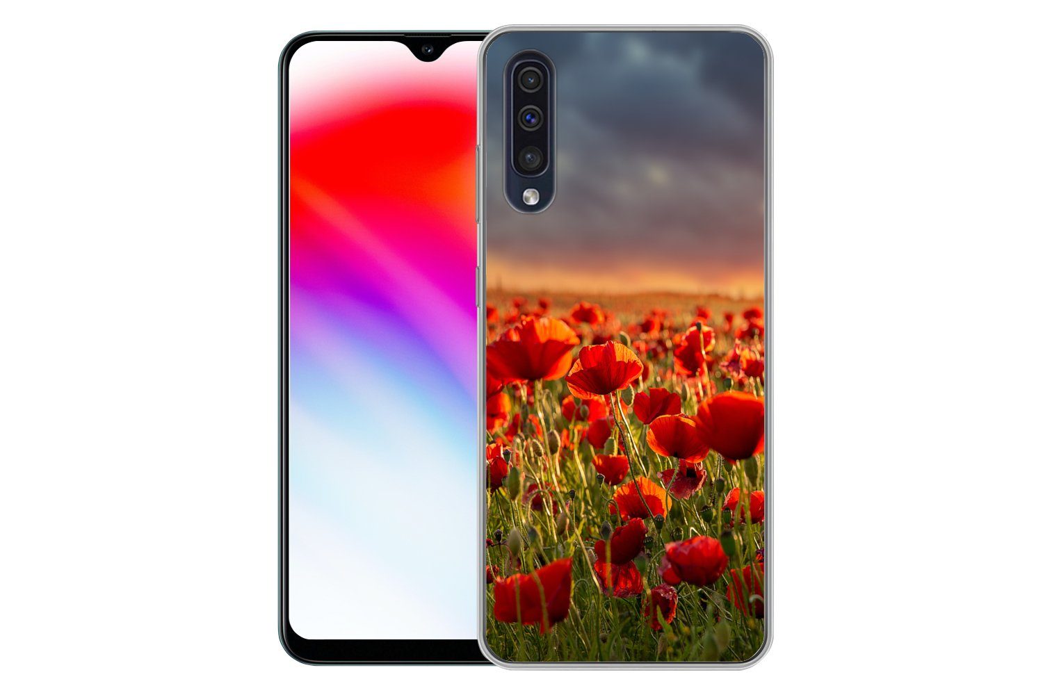 MuchoWow Handyhülle für Samsung Galaxy A30s Sonnenuntergang - Mohnblumen - Rot - Blumen -, Smartphone-Bumper, Print, Handy Schutzhülle Dünn