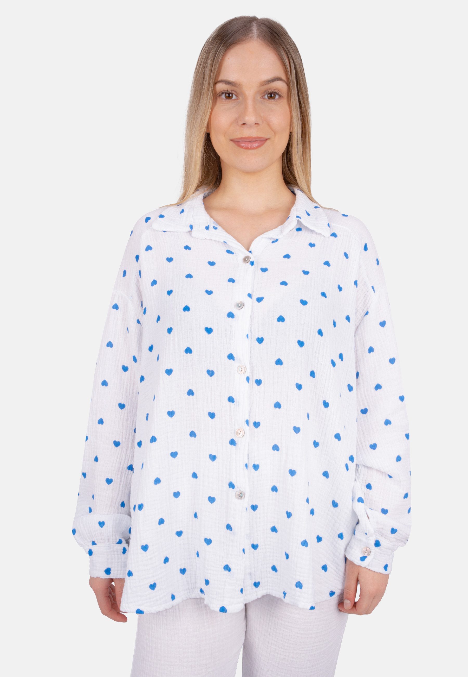 Seasons of April Hemdbluse LIYA MUSSELIN HERZ OVERSIZED (1-tlg) Damen Musselin Bluse mit Herz Print, 100% Baumwolle, S/M & L/XL