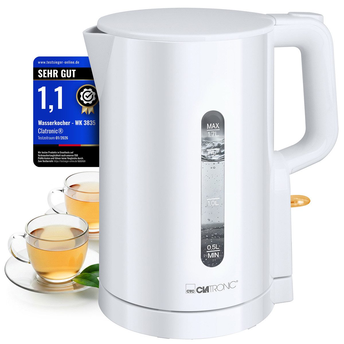 CLATRONIC Wasserkocher WK 3835, Wasserkocher 1,7L, 2200W, Einhandbedienung
