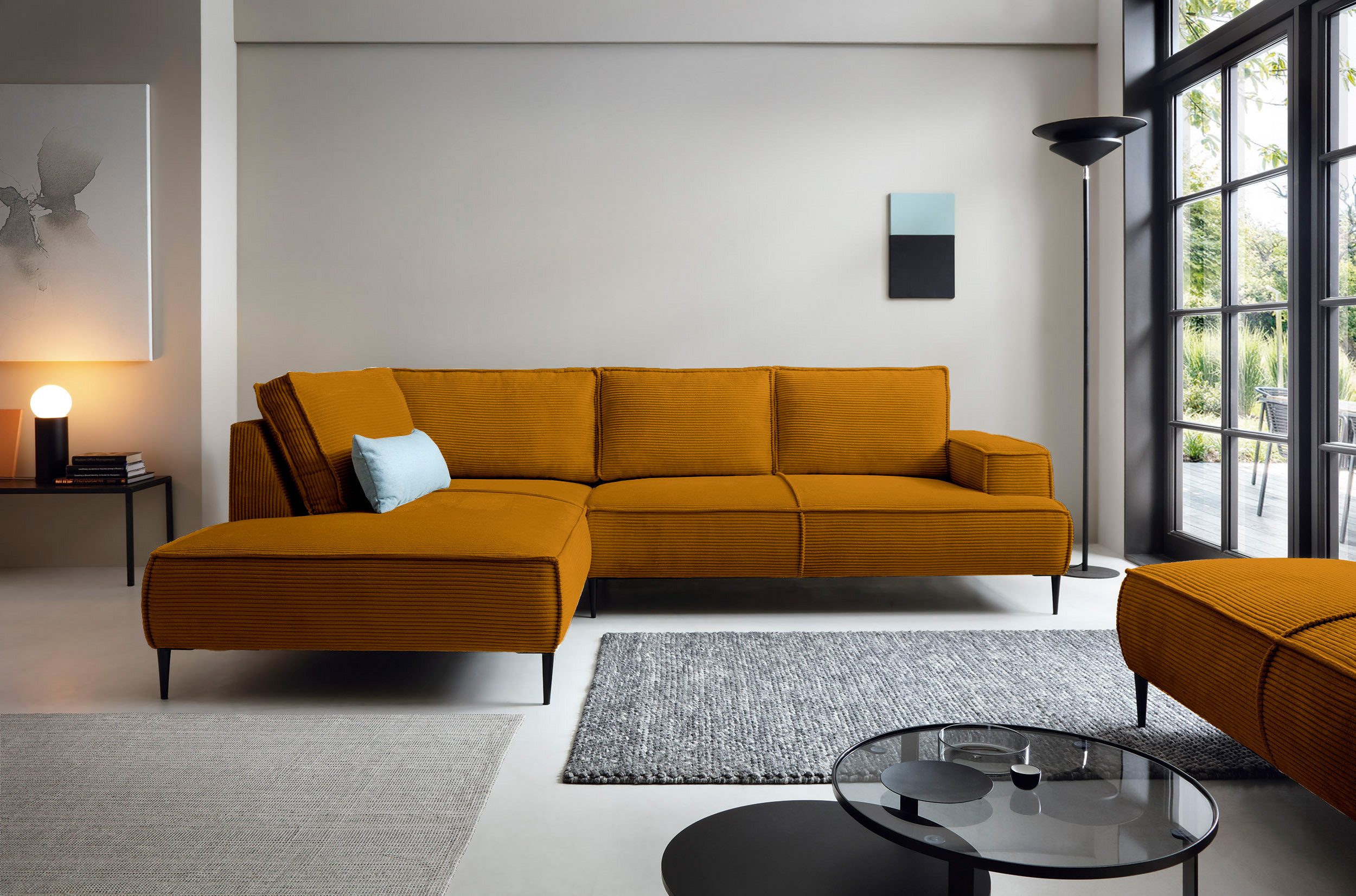 Goldstoff Ecksofa Cord VESPA L Beige – großes Wohnlandschaft Sofa L-Form, Großzügige Sitzfläche