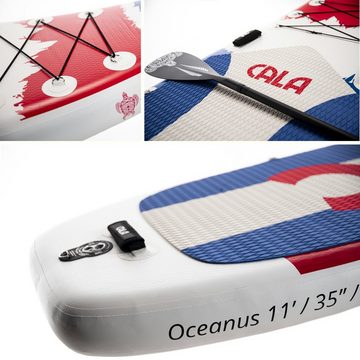 CALA SUP-Board OCEANUS, inflatable SUP Board, (Komplett-Set, SUP BOARD inkl. Rucksack-Trolley, Leash zu Sicherung, 3 abnehmbaren Finnen, Double Action Pumpe, Carbon-Paddel (775g), Reparatur Kit und Kamera Halterung)