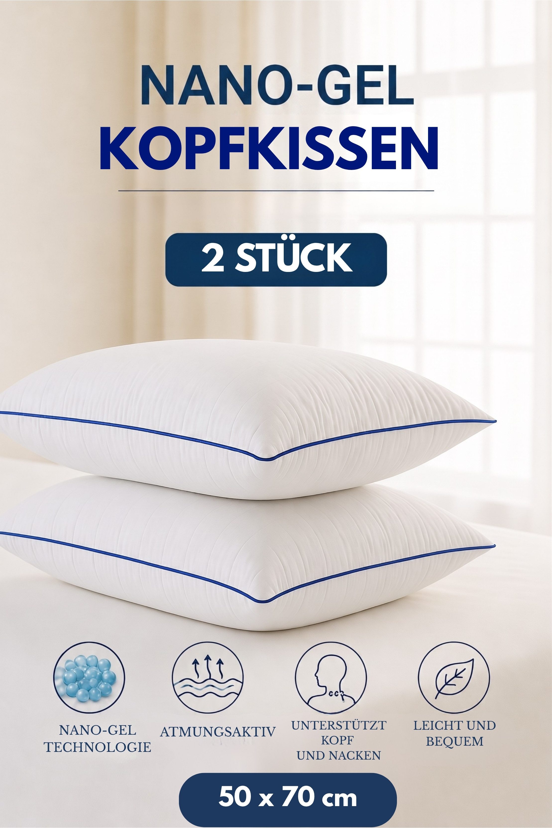 Formeya Schlafkissen Nano-Gel Kopfkissen 50x70 cm 2er Set 100% Baumwolle Hotelkissen
