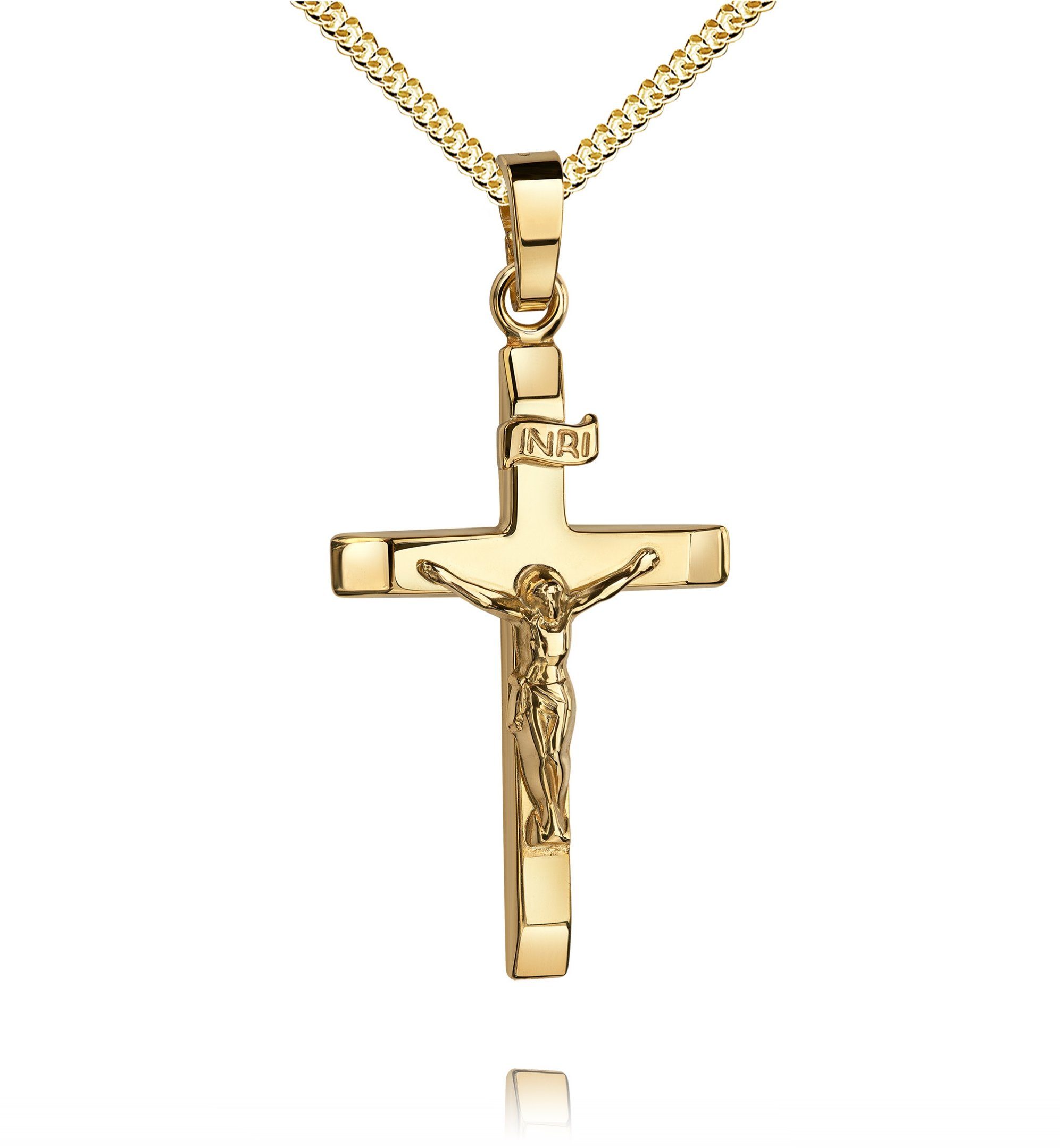JEVELION Kreuzkette Kruzifix Kreuz-Anhänger 333 Gold - Made in Germany  (Goldanhänger, für Damen und Herren), Mit Kette vergoldet- Länge wählbar 36  - 70 cm.